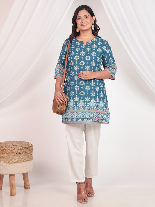 Soft Cotton Floral Straight Blue Kurti