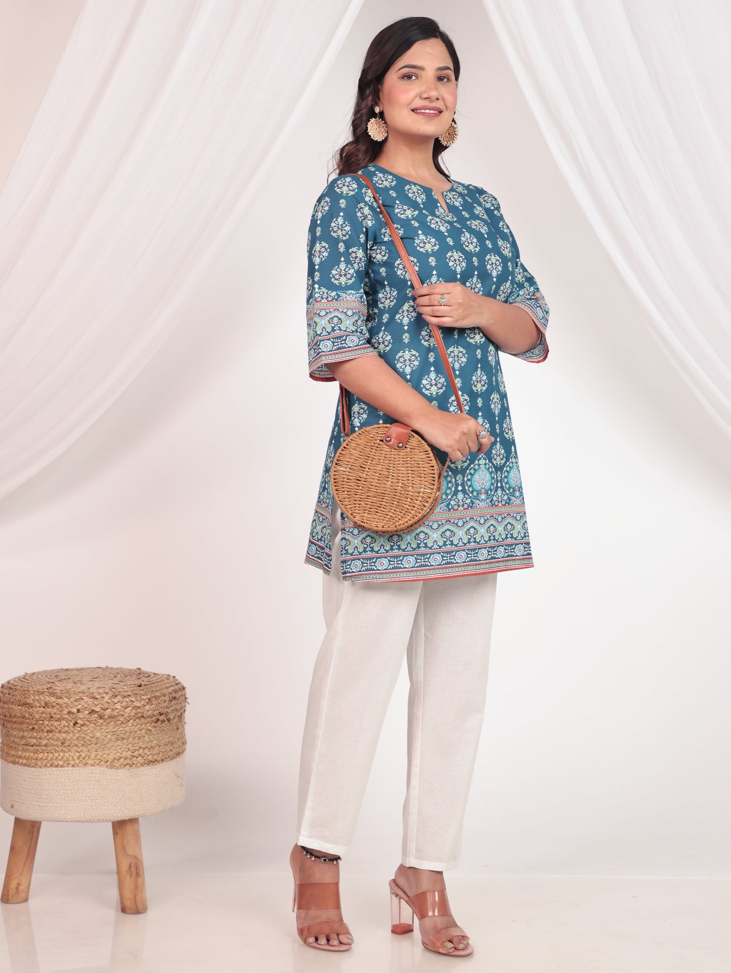Soft Cotton Floral Straight Blue Kurti