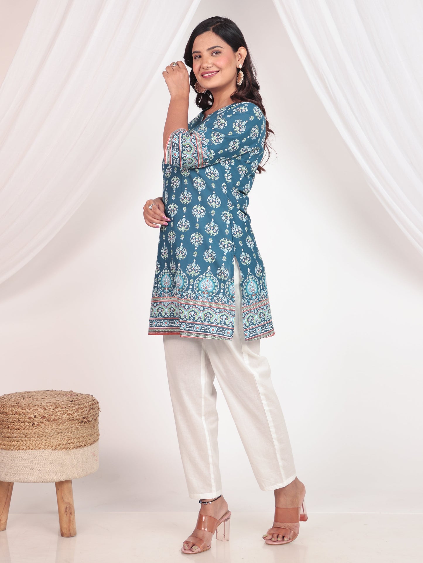 Soft Cotton Floral Straight Blue Kurti