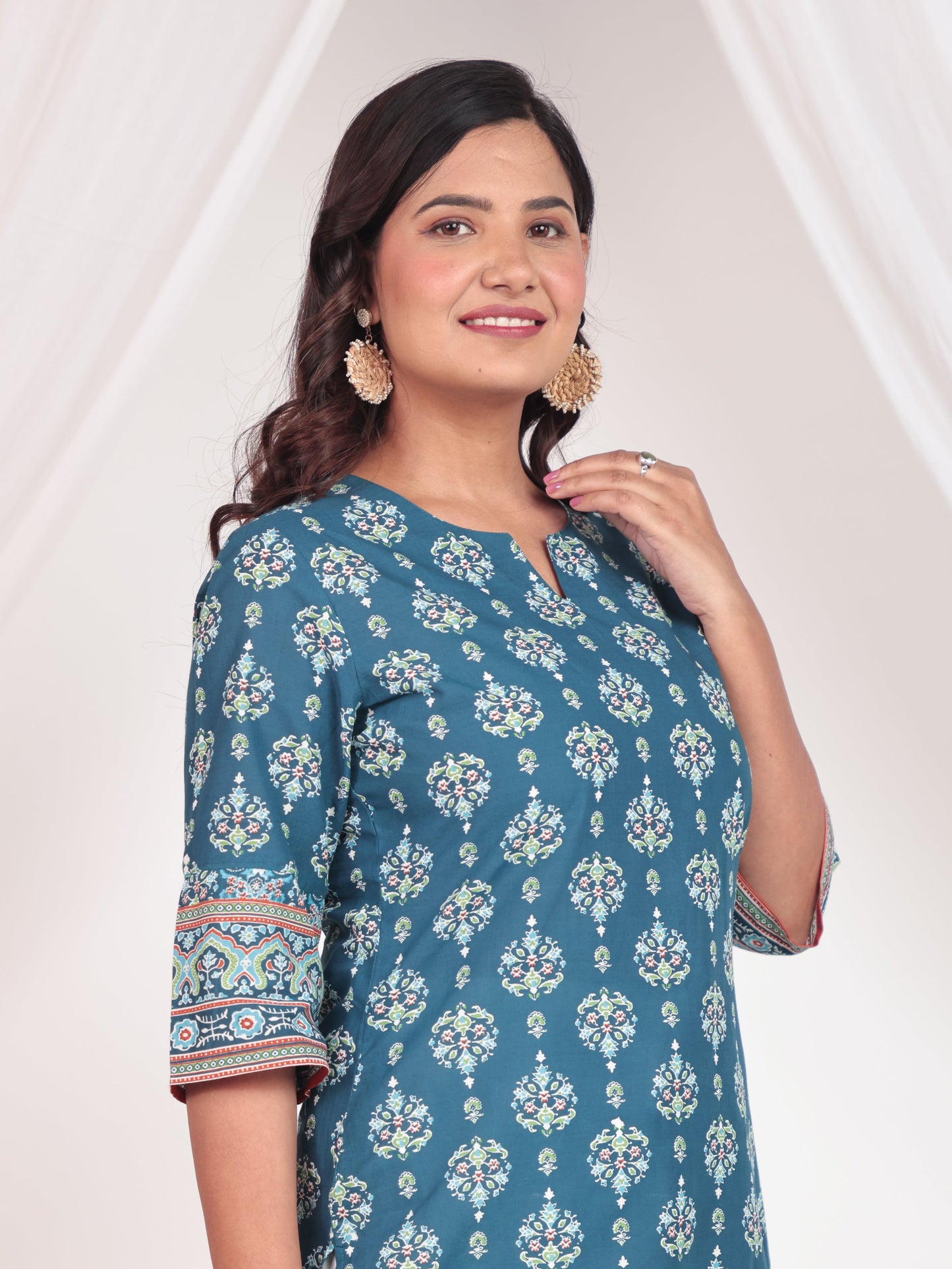 Soft Cotton Floral Straight Blue Kurti