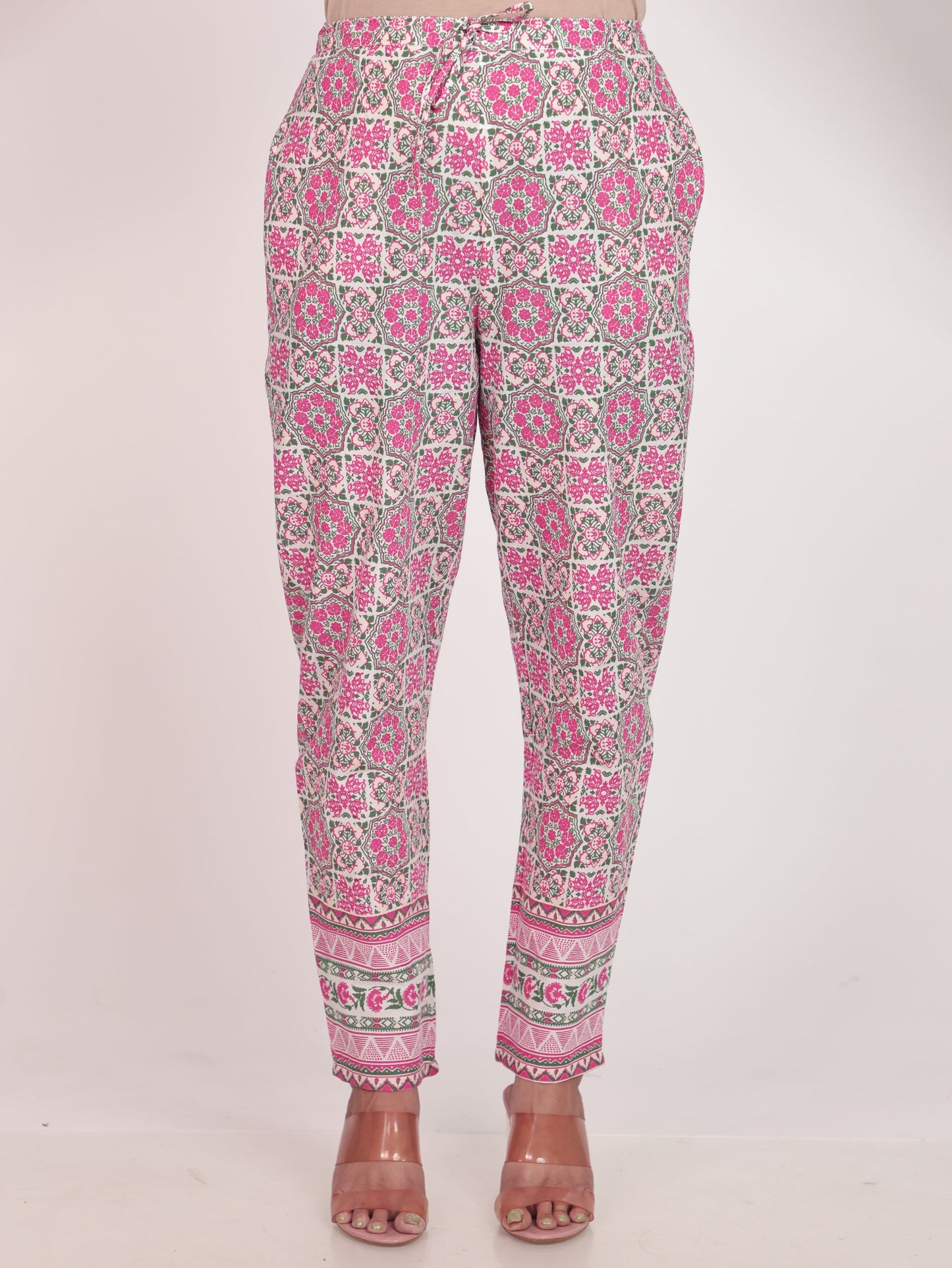 Soft Cotton Geometric White Tapered Trousers