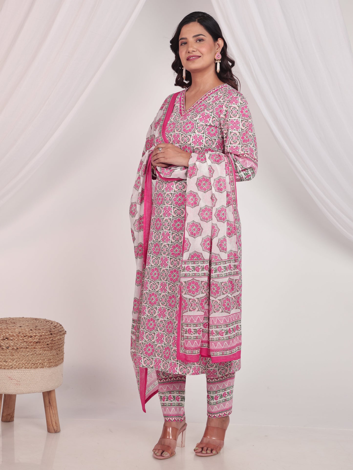 Soft Cotton Geometric Straight White Kurta