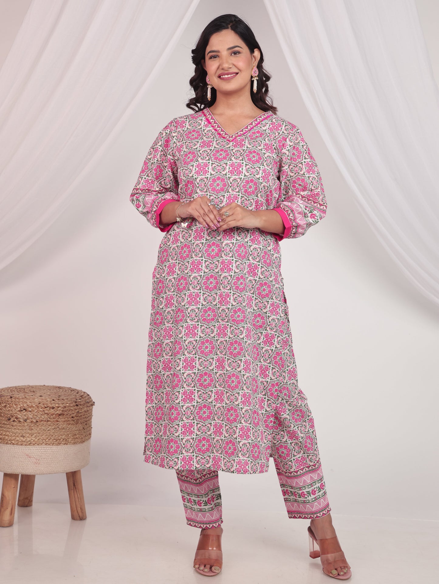 Soft Cotton Geometric Straight White Kurta