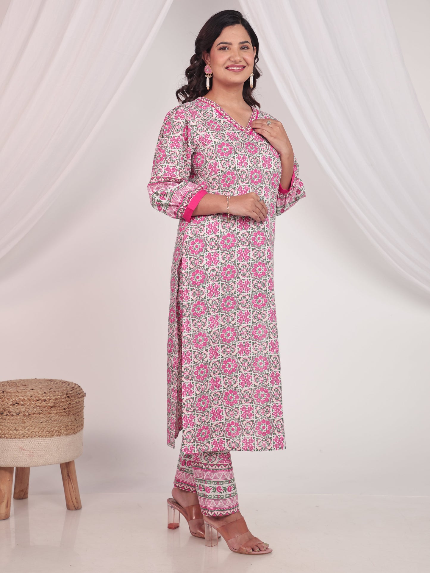 Soft Cotton Geometric Straight White Kurta