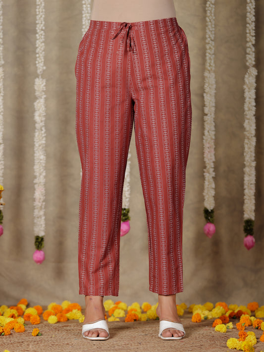 Soft Cotton Striped Brown Tapered Trousers