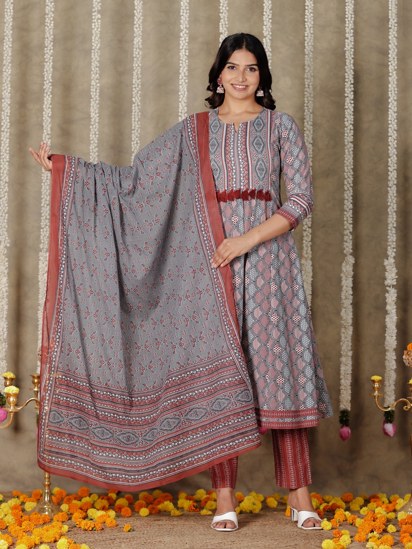 Voile Cotton Geometric Grey Dupatta