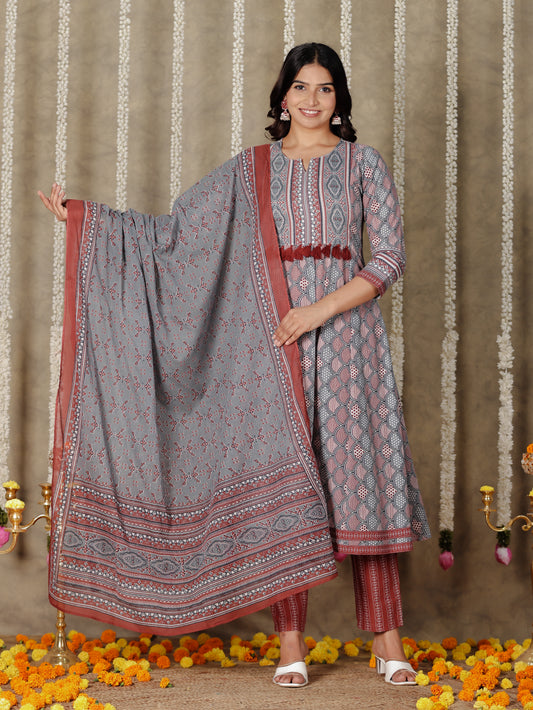 Voile Cotton Geometric Grey Dupatta