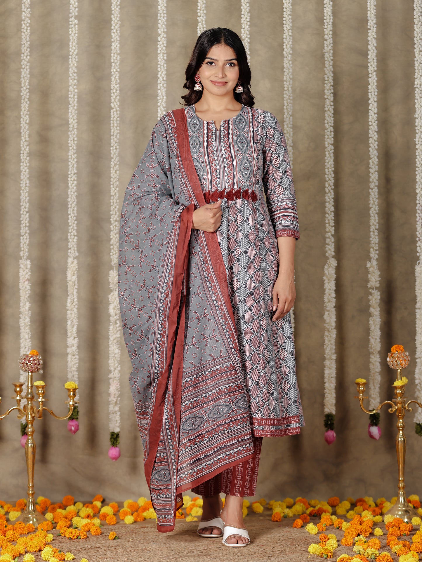 Voile Cotton Geometric Grey Dupatta