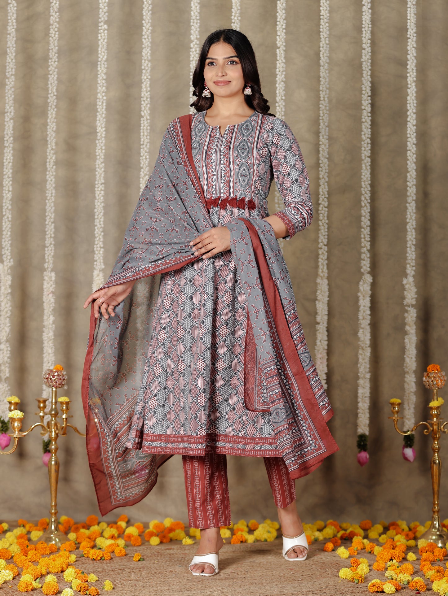Voile Cotton Geometric Grey Dupatta