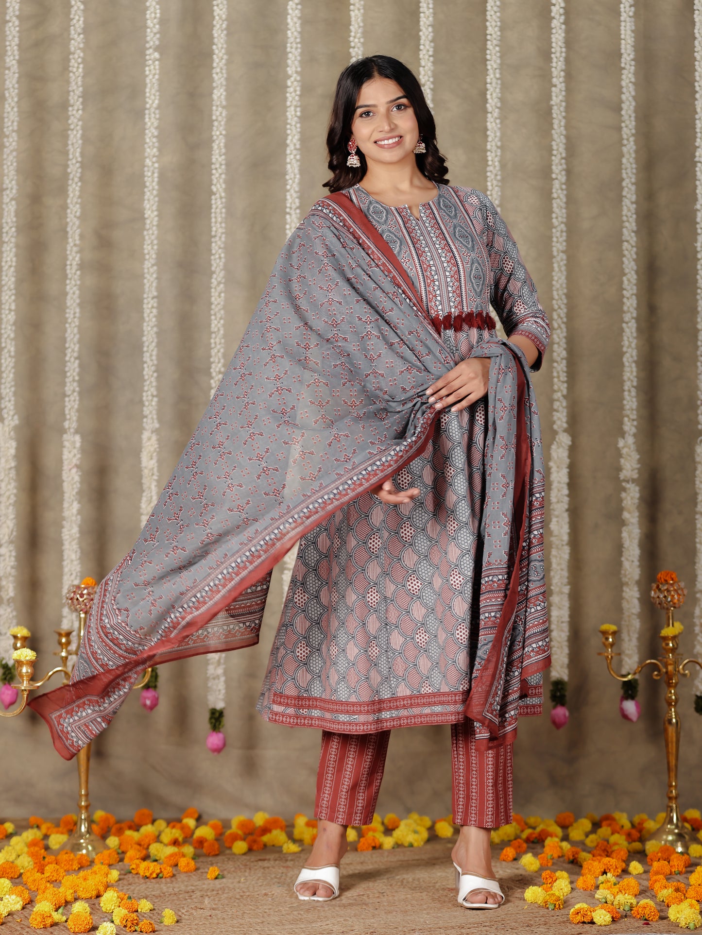 Voile Cotton Geometric Grey Dupatta