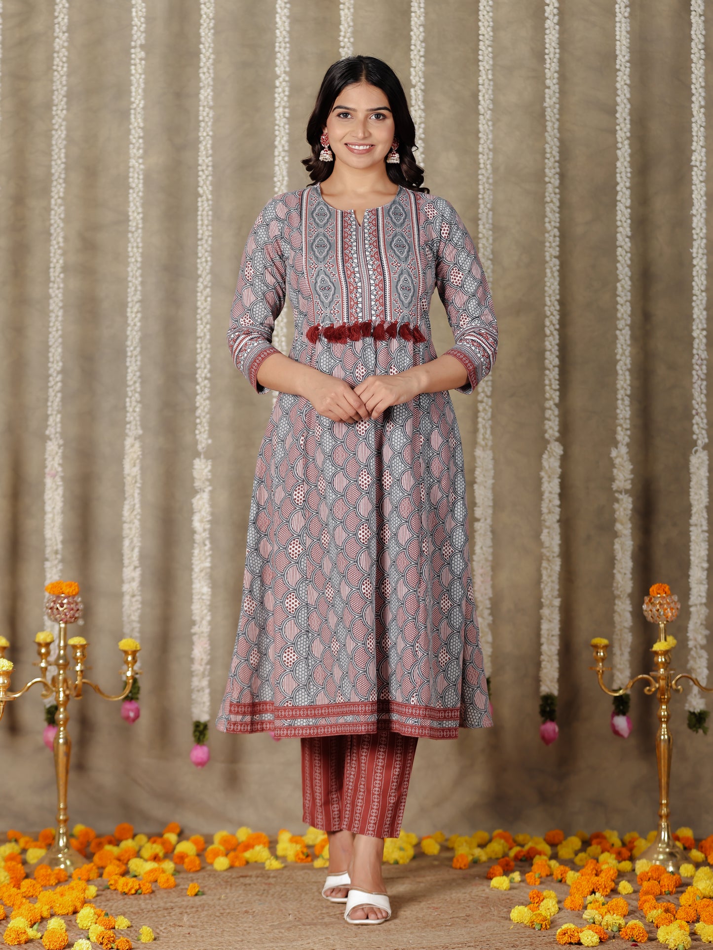 Soft Cotton Geometric Flared Grey Kurta