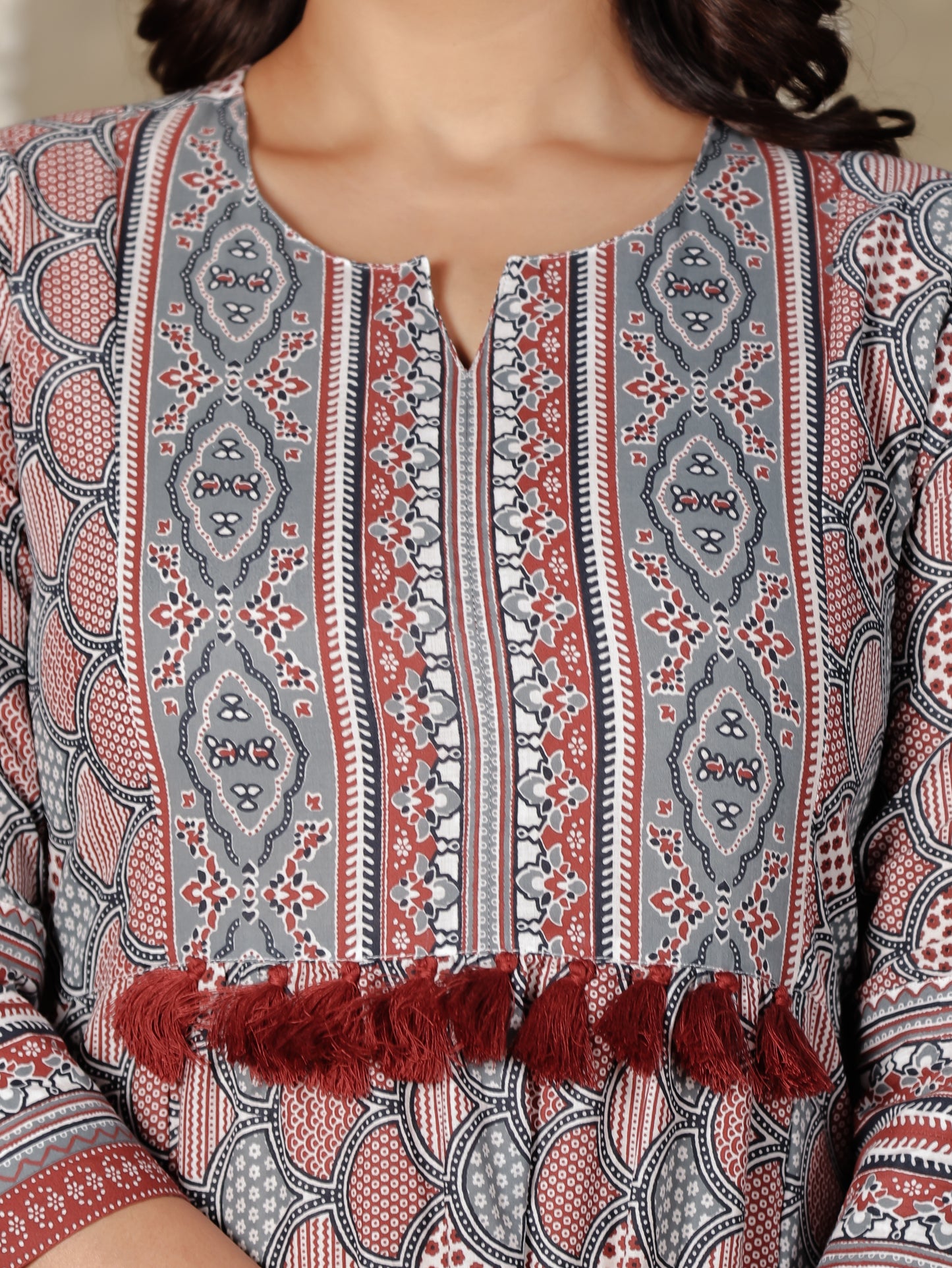Soft Cotton Geometric Flared Grey Kurta