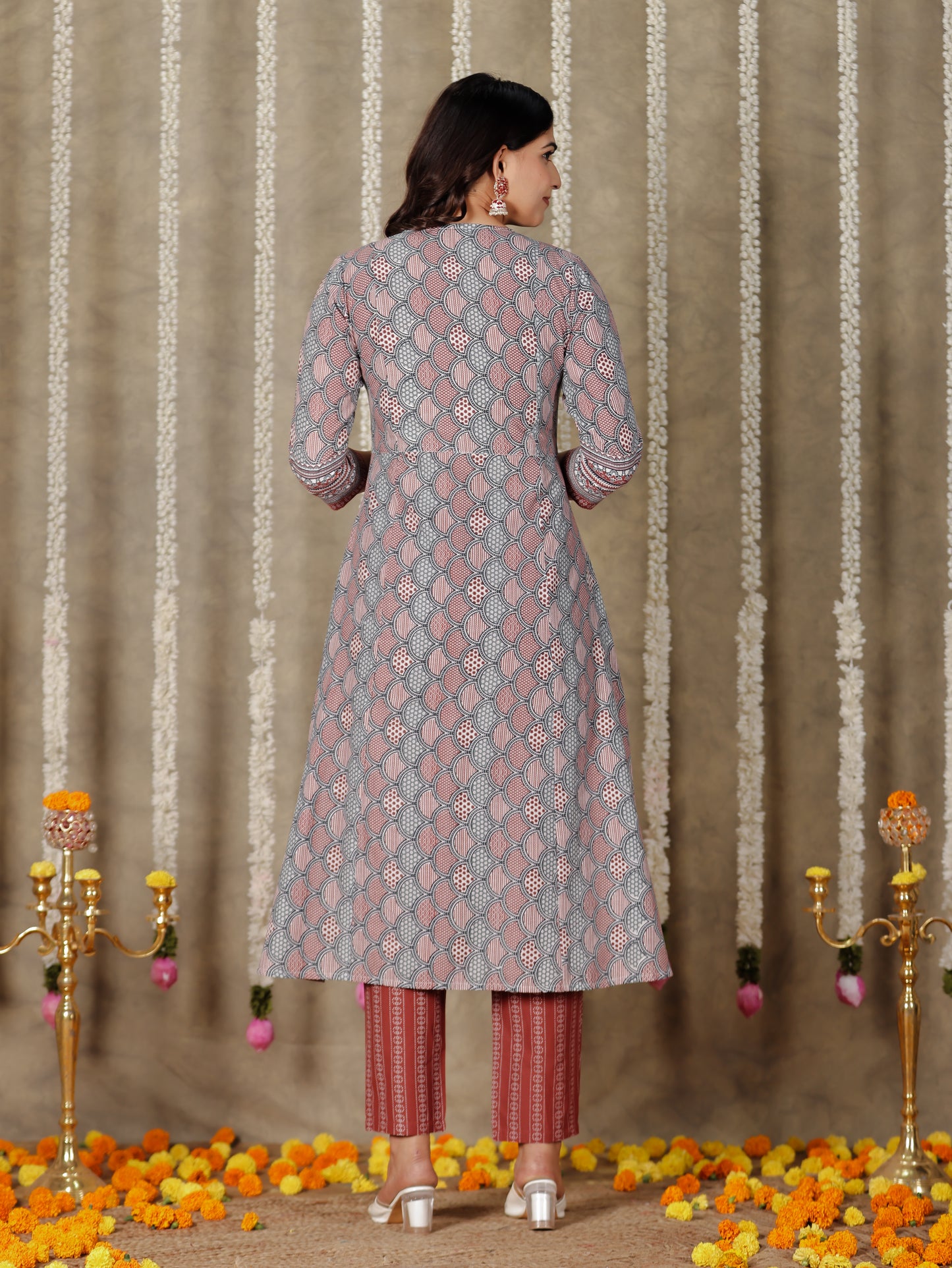 Soft Cotton Geometric Flared Grey Kurta