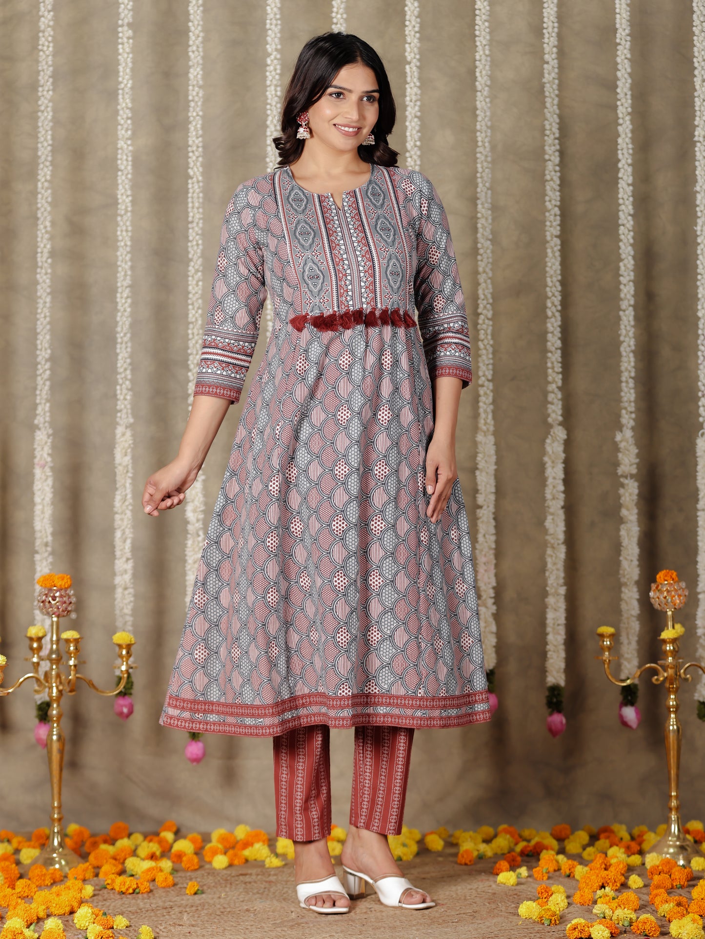 Soft Cotton Geometric Flared Grey Kurta