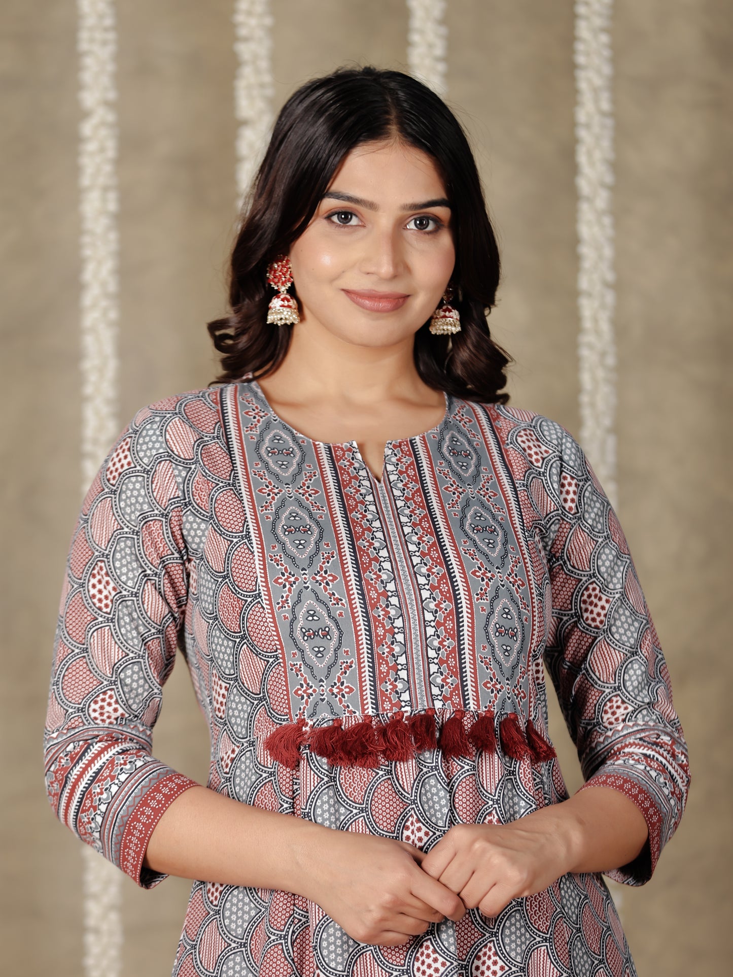 Soft Cotton Geometric Flared Grey Kurta