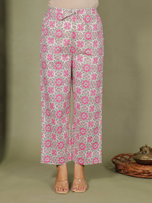 Embroidered Soft Cotton Geometric Pink Straight Trousers