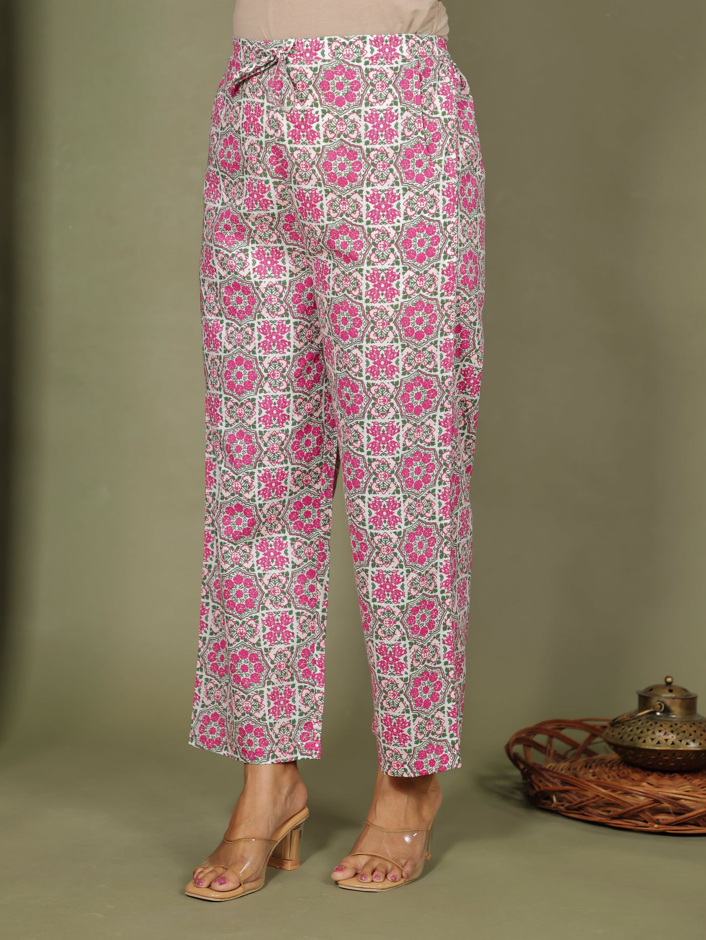 Embroidered Soft Cotton Geometric Pink Straight Trousers