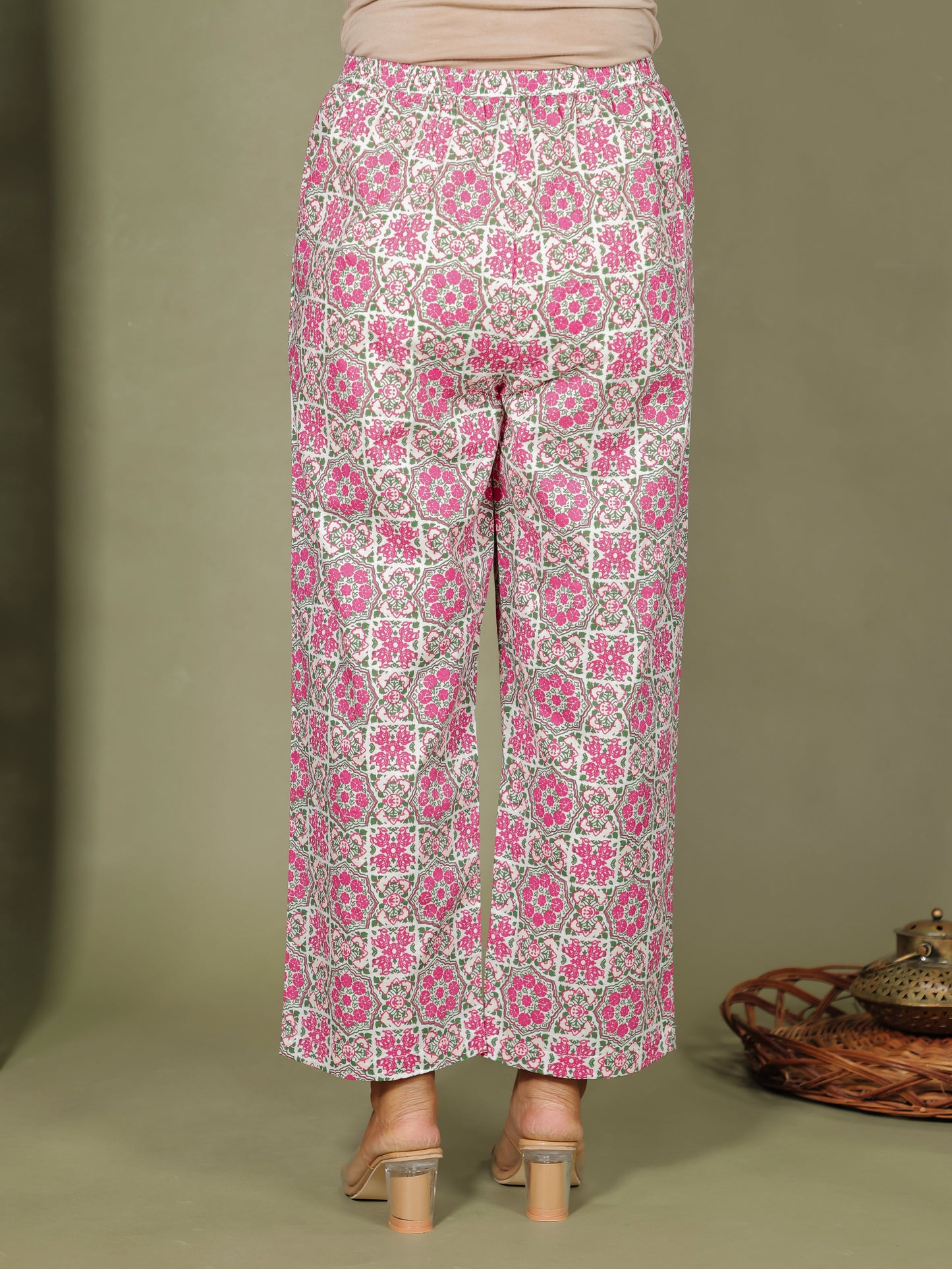 Embroidered Soft Cotton Geometric Pink Straight Trousers