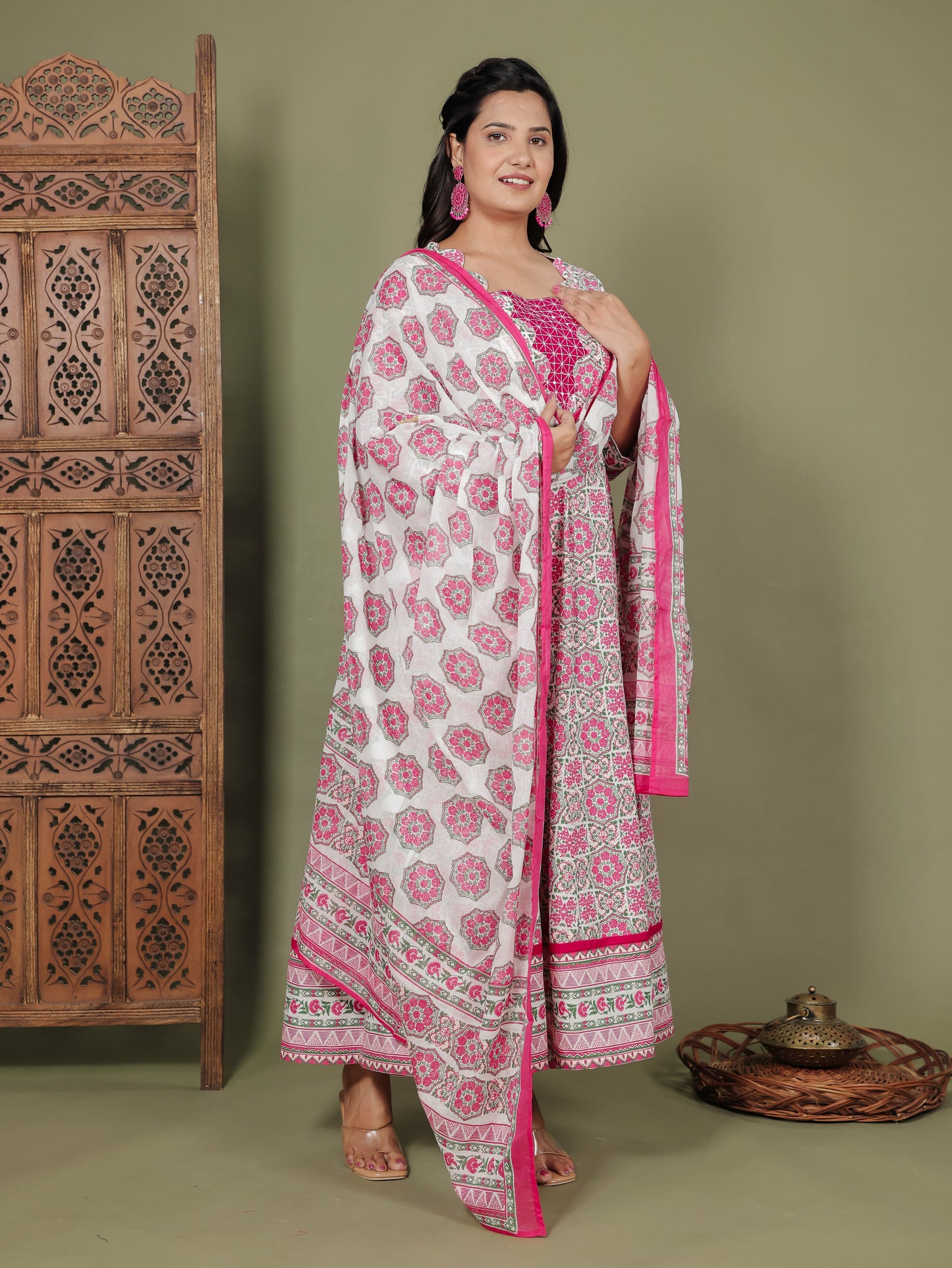 Cotton Voile Geometric Pink Dupatta