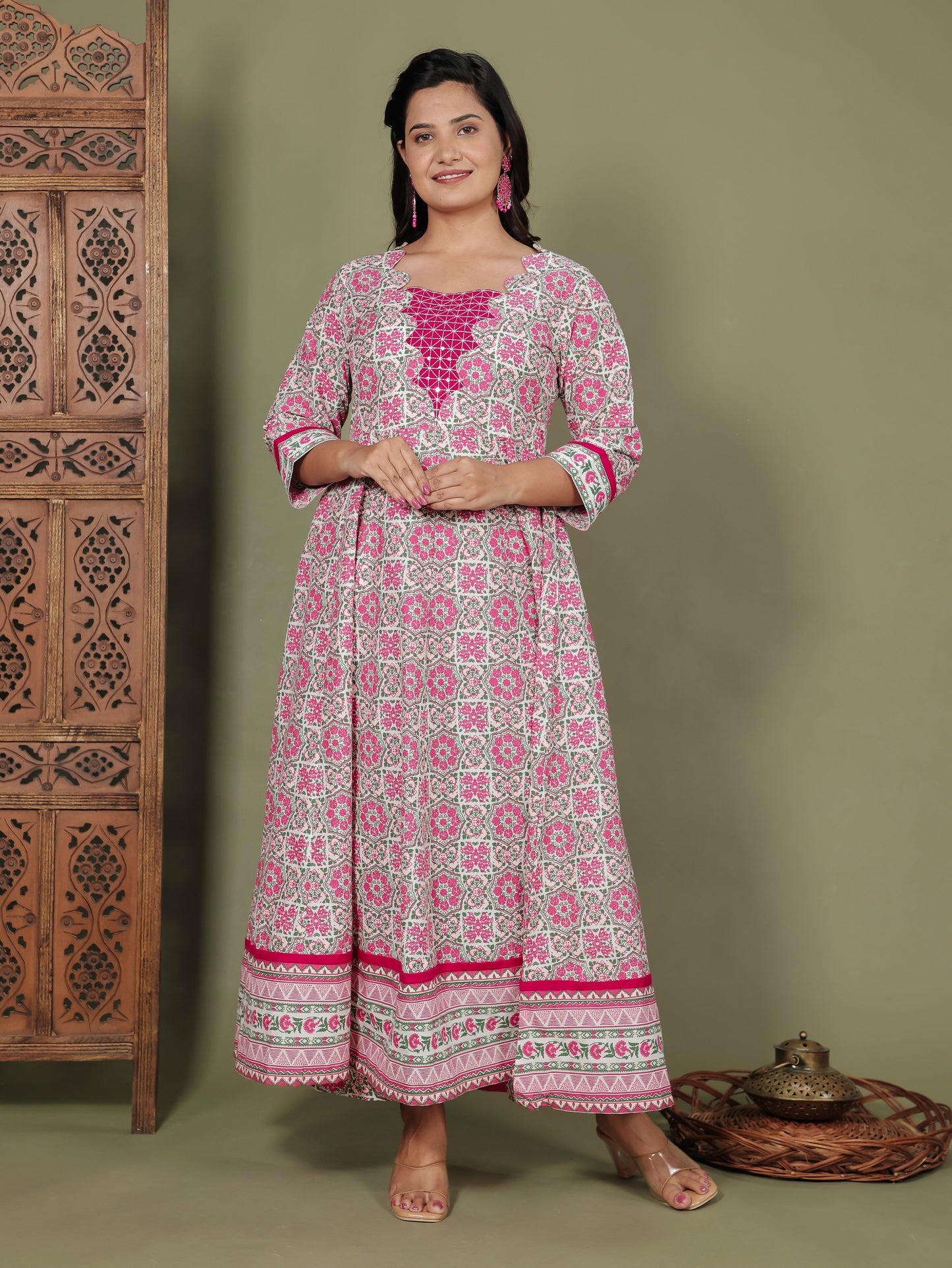 Embroidered Soft Cotton Geometric Flared Pink Kurta