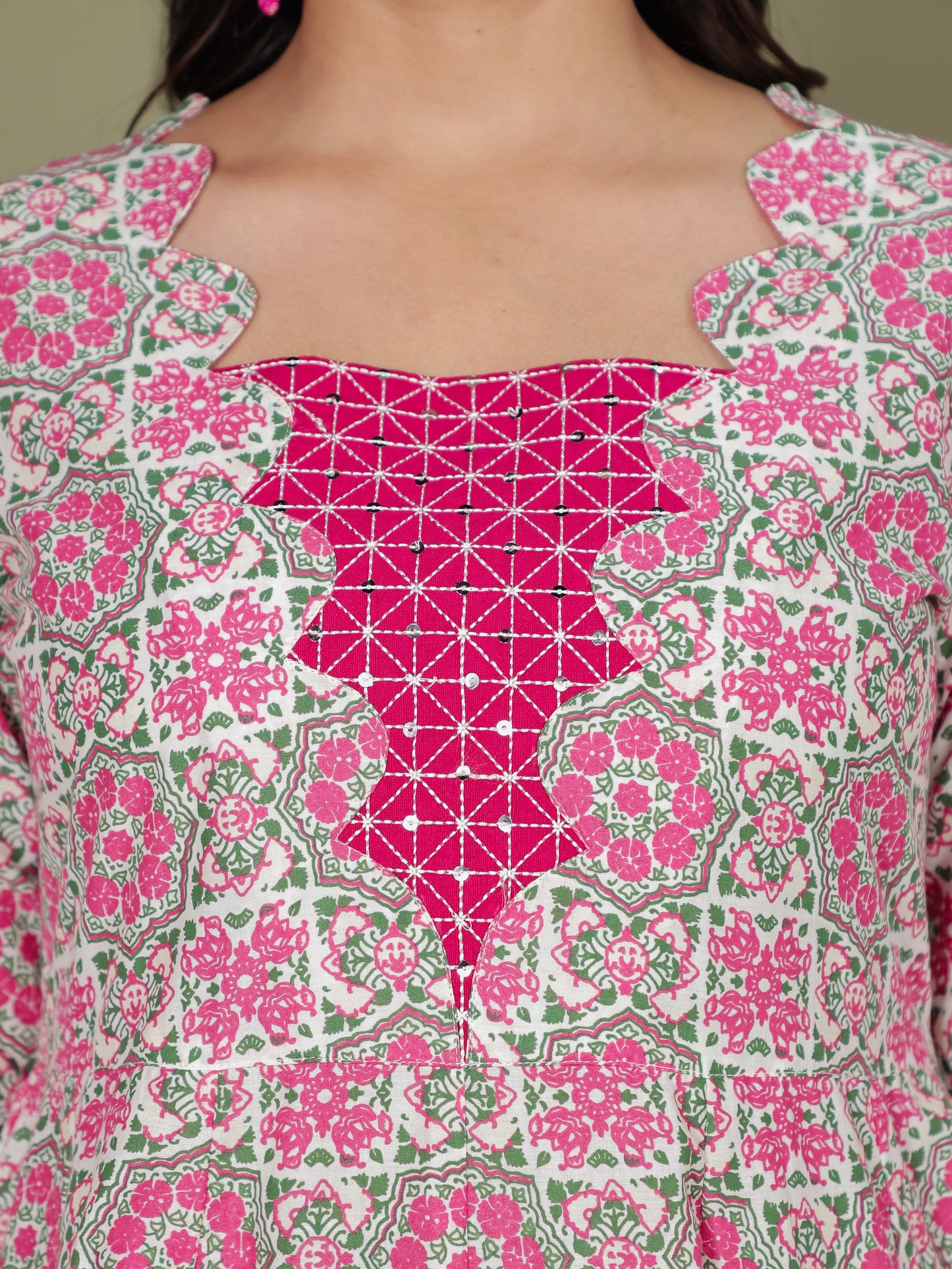 Embroidered Soft Cotton Geometric Flared Pink Kurta
