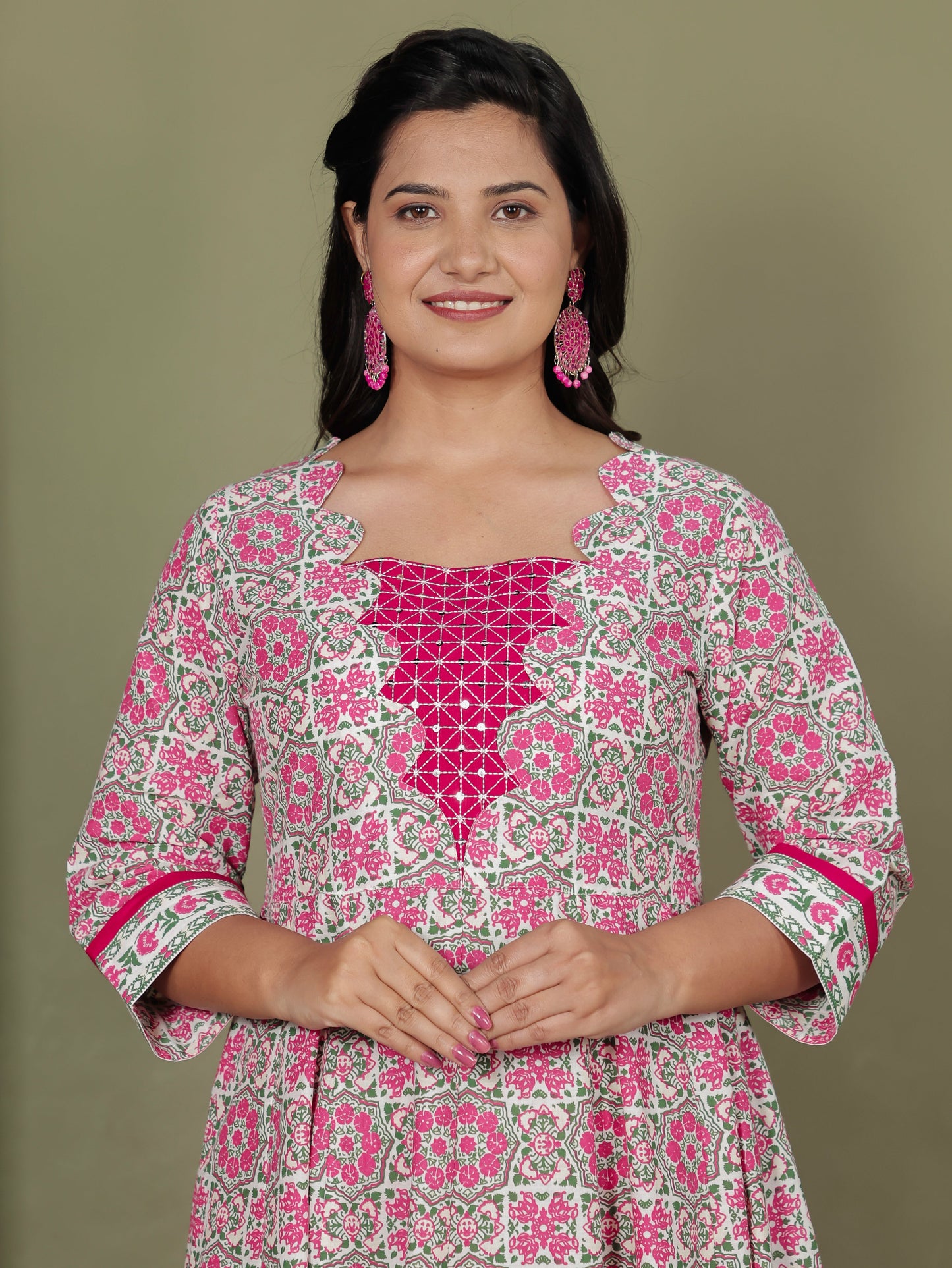Embroidered Soft Cotton Geometric Flared Pink Kurta