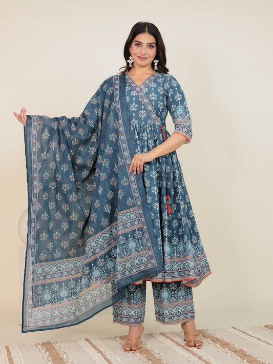 Cotton Voile Floral Blue Dupatta