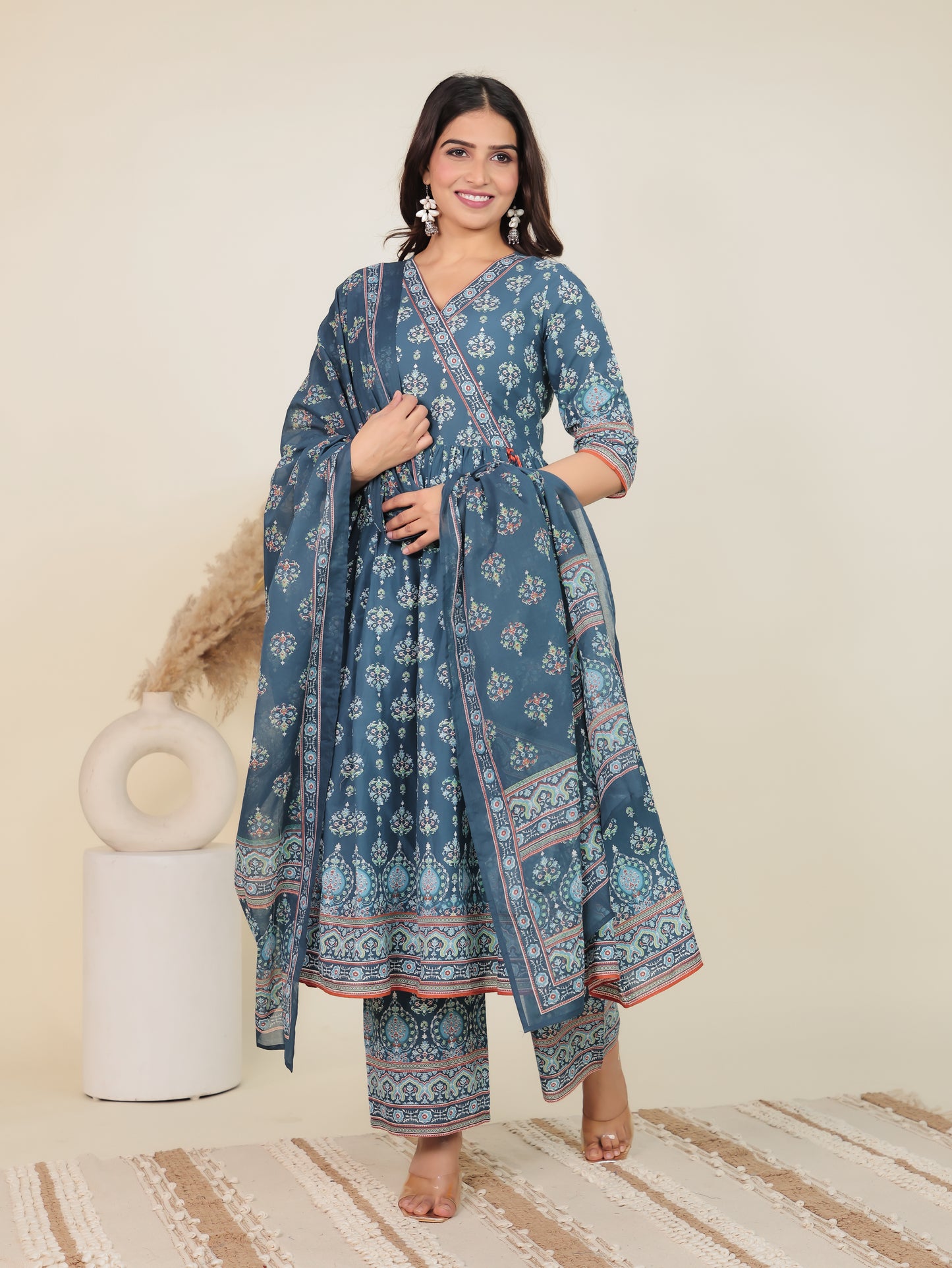 Soft Cotton Geometric Angrakha Blue Kurta