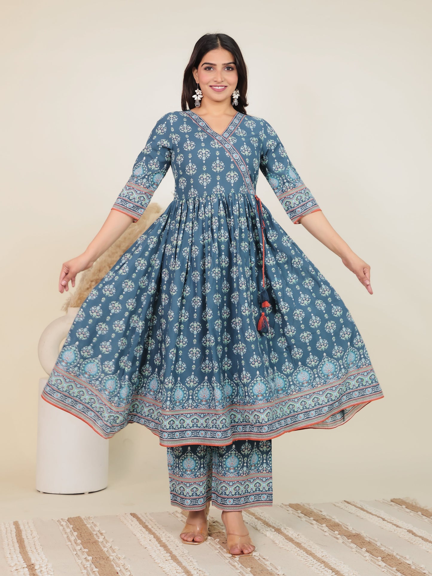 Soft Cotton Geometric Angrakha Blue Kurta