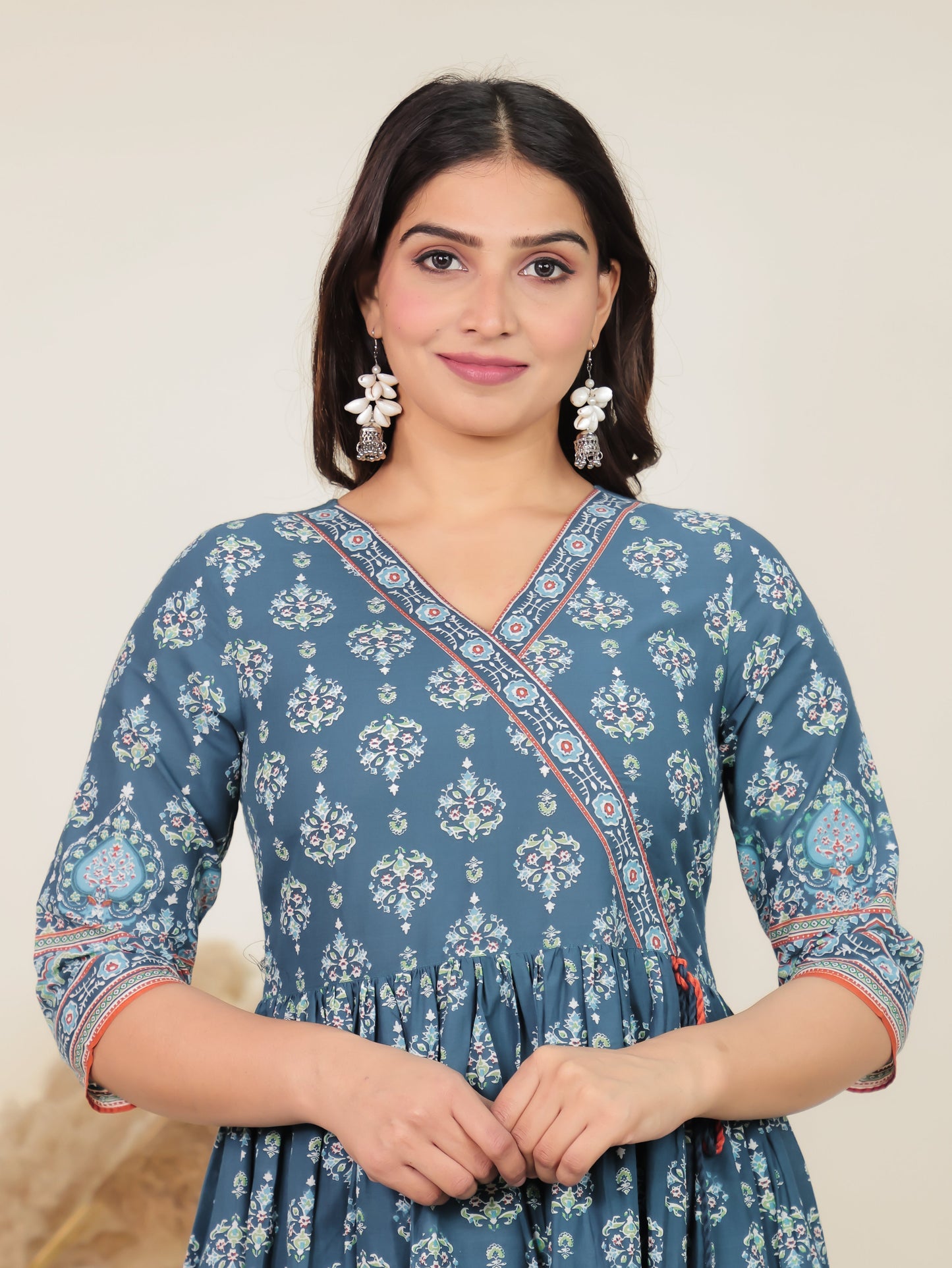 Soft Cotton Geometric Angrakha Blue Kurta