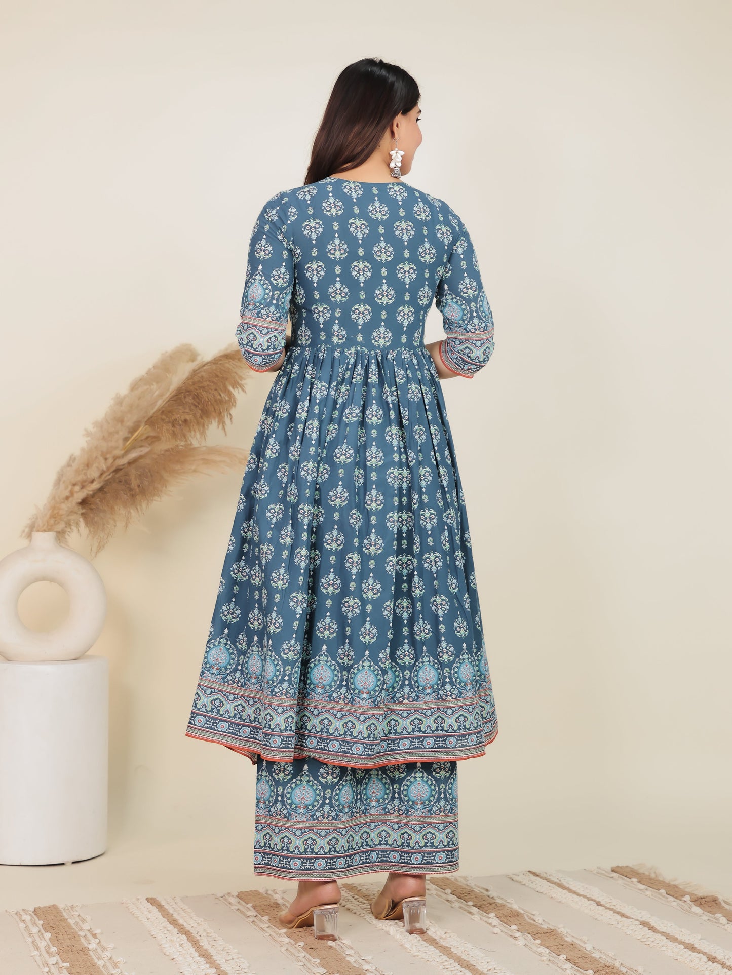 Soft Cotton Geometric Angrakha Blue Kurta