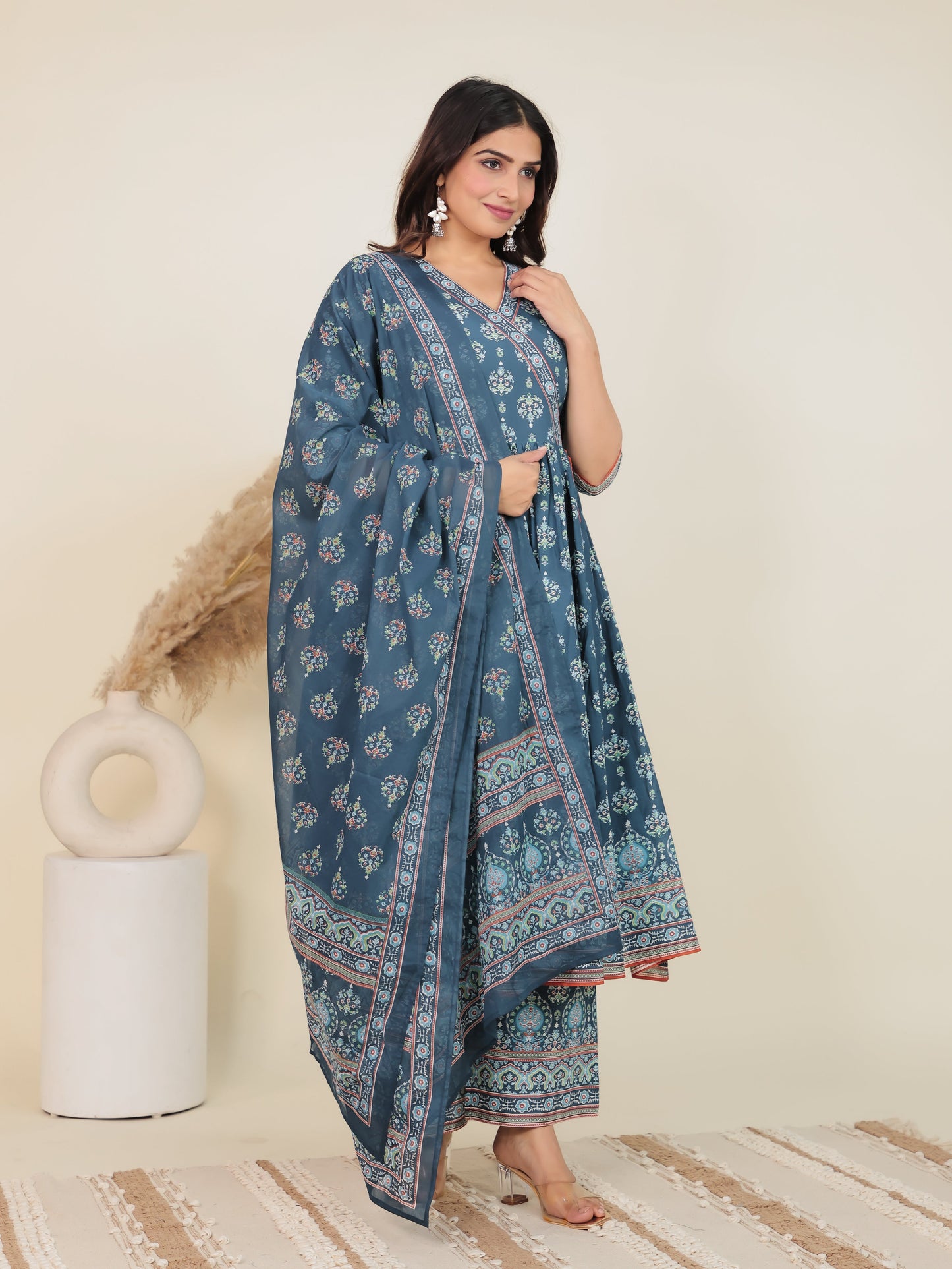 Soft Cotton Geometric Angrakha Blue Kurta