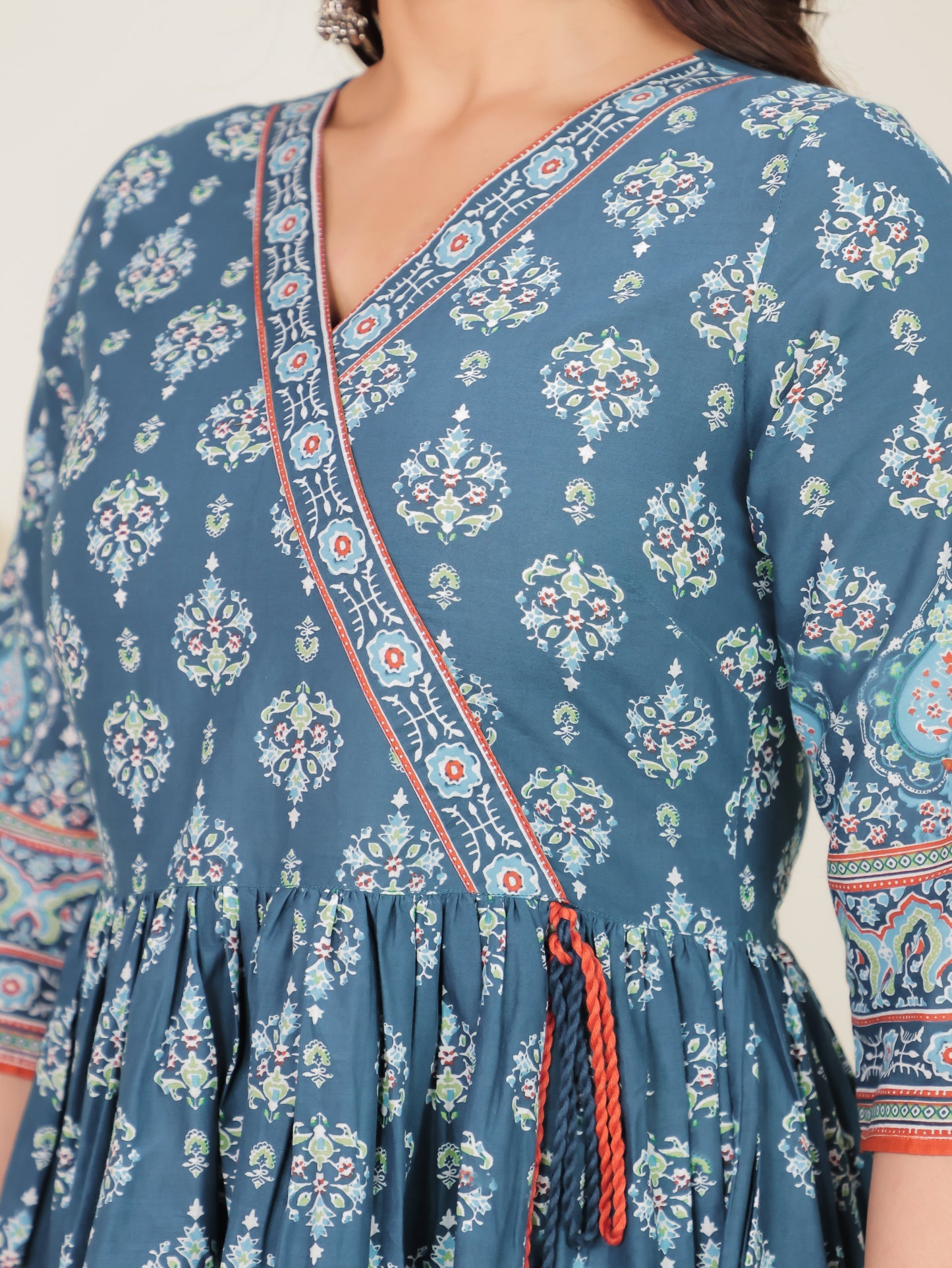 Soft Cotton Geometric Angrakha Blue Kurta