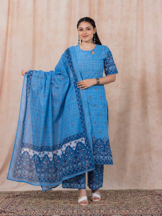 Cotton Voile Floral Blue Dupatta