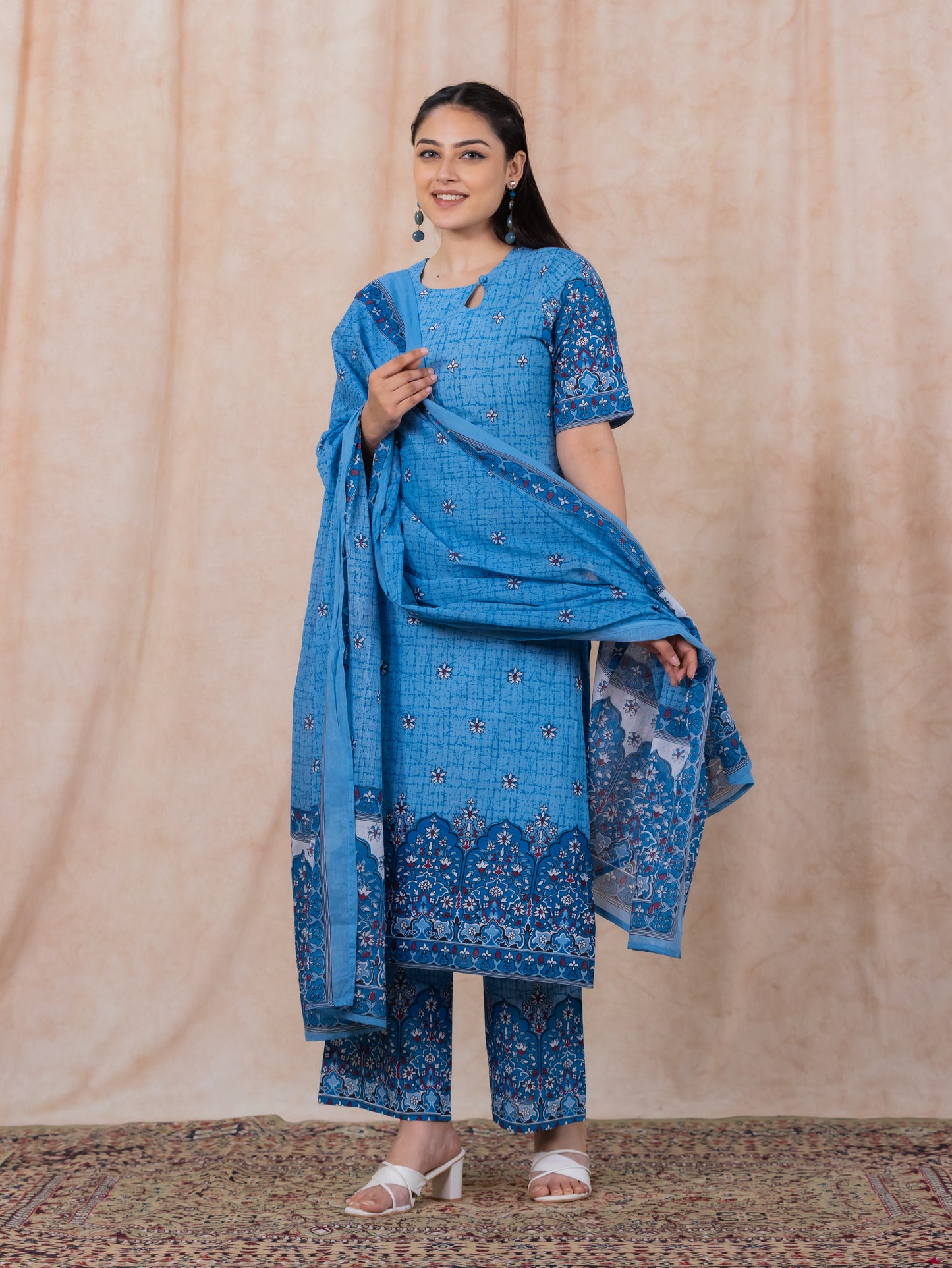 Soft Cotton Floral Straight Blue Kurta