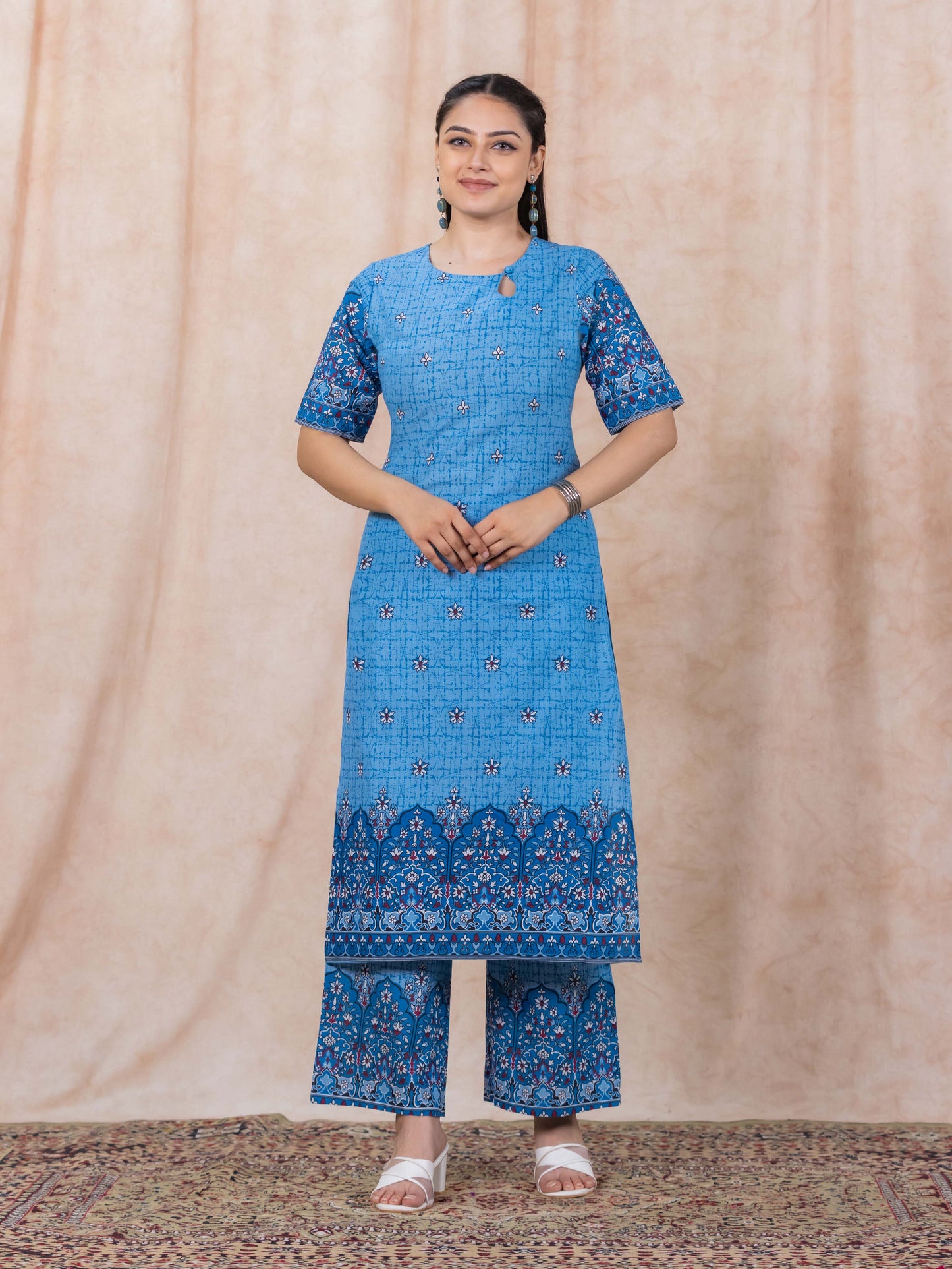 Soft Cotton Floral Straight Blue Kurta