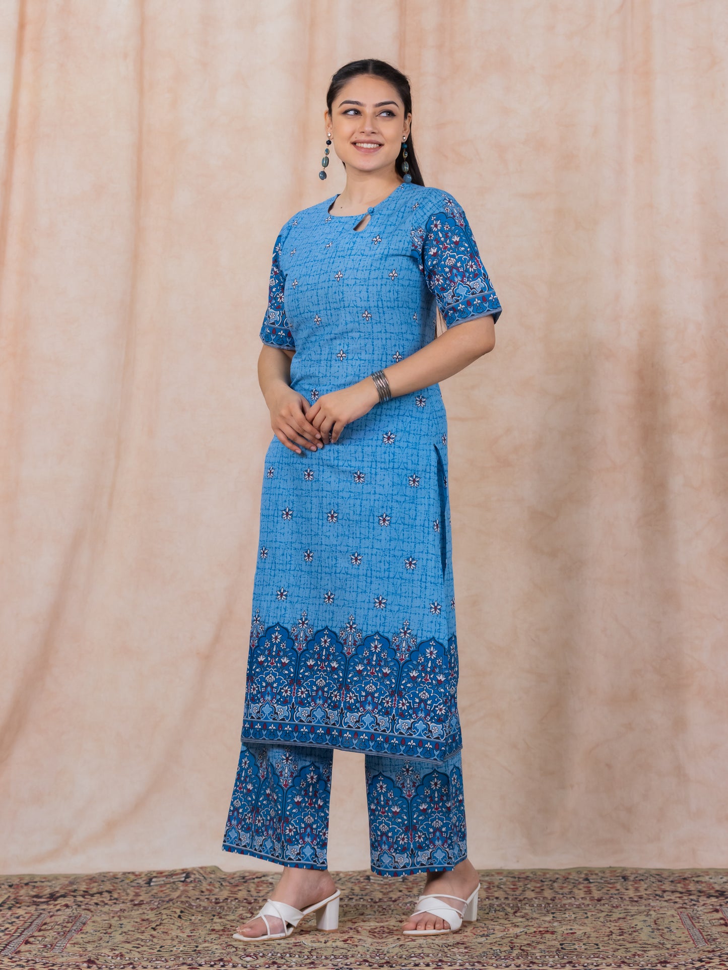 Soft Cotton Floral Straight Blue Kurta
