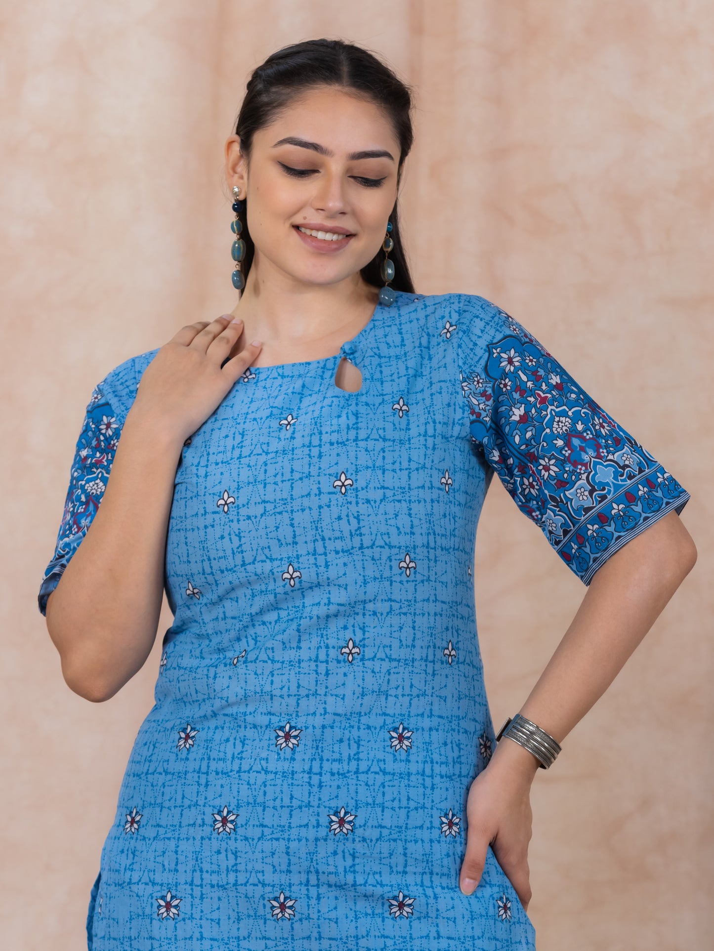 Soft Cotton Floral Straight Blue Kurta
