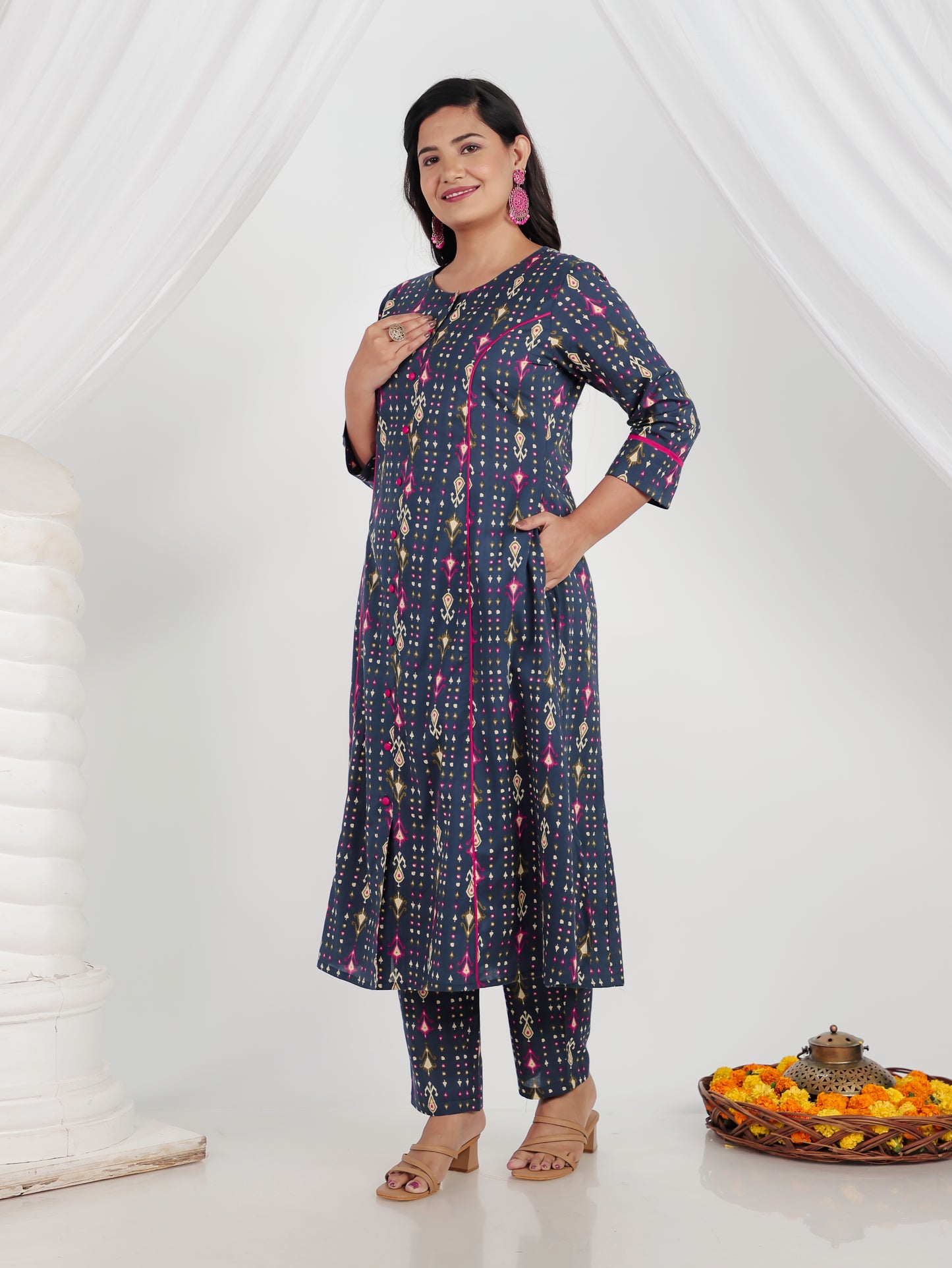 Soft Cotton Ikat A-line Blue Kurta