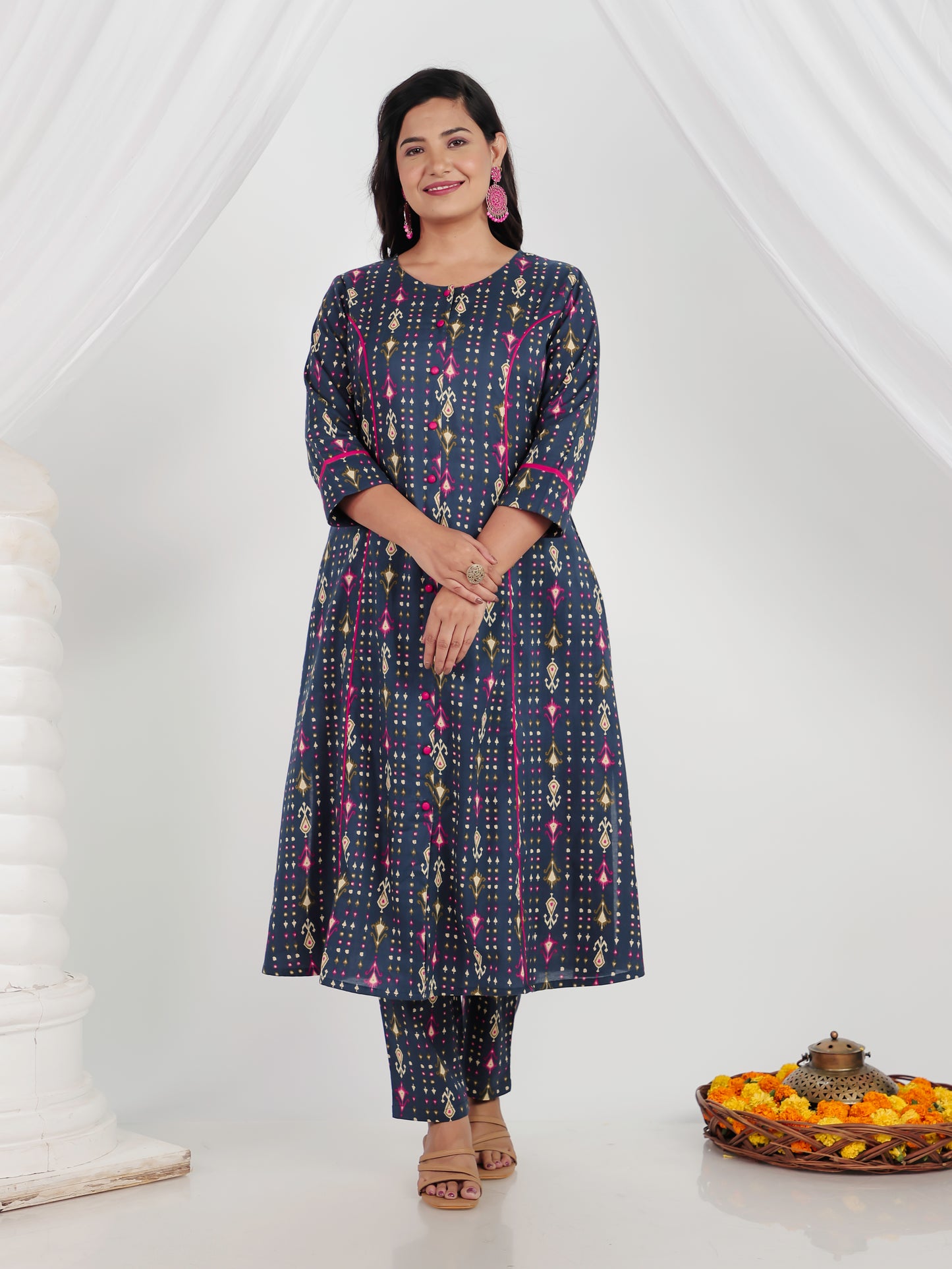 Soft Cotton Ikat A-line Blue Kurta