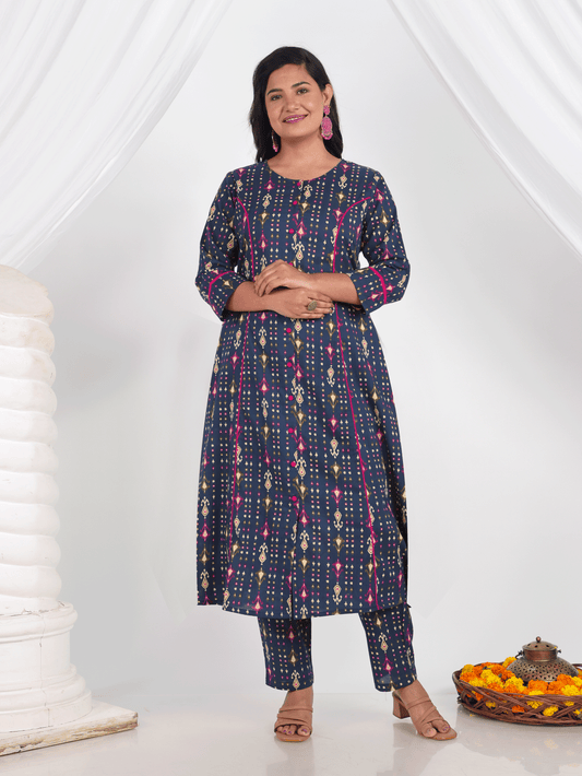 Soft Cotton Ikat A-line Blue Kurta