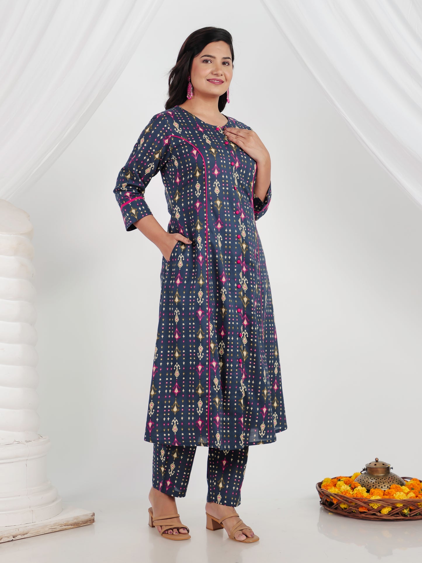 Soft Cotton Ikat A-line Blue Kurta