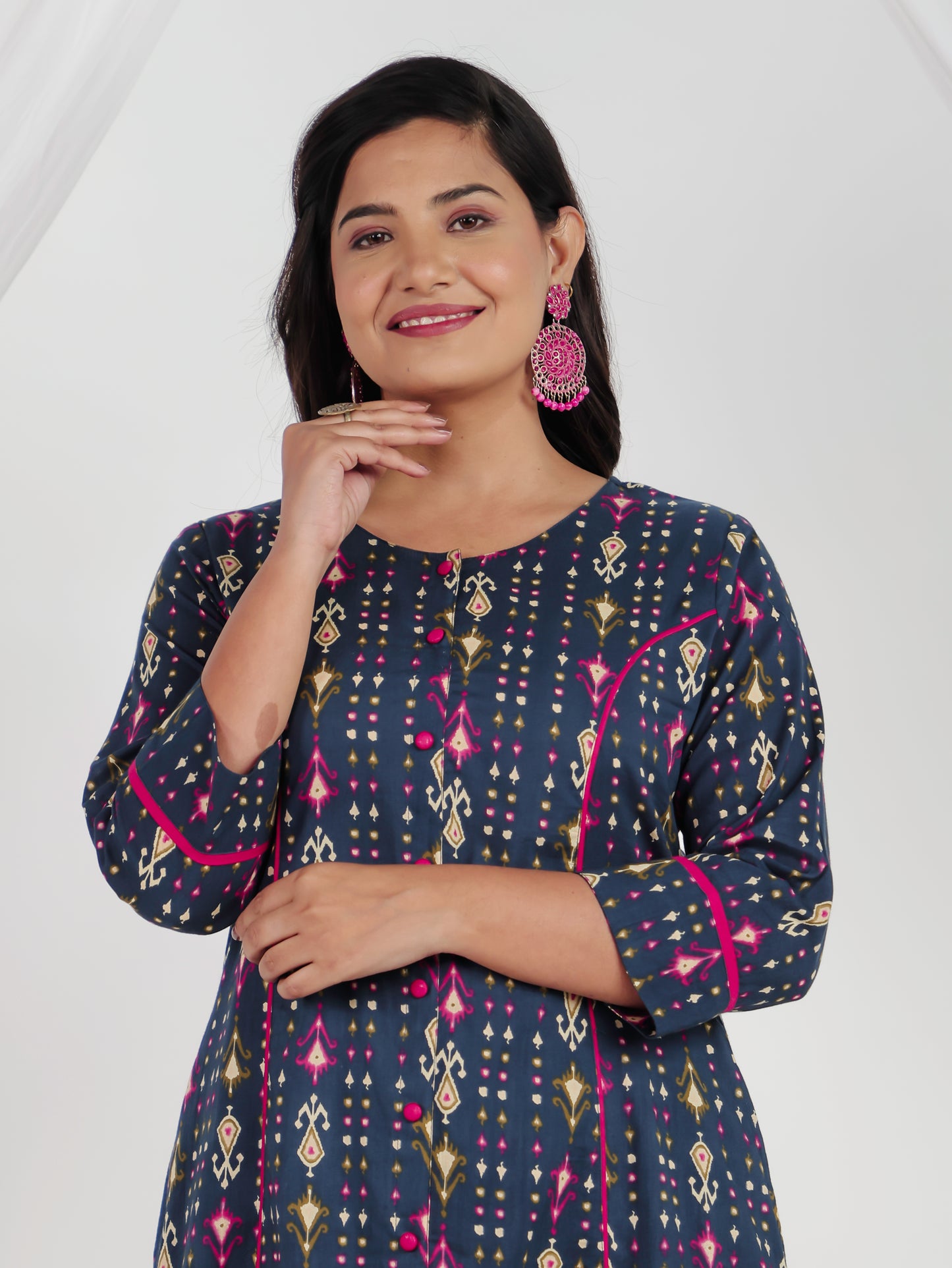 Soft Cotton Ikat A-line Blue Kurta
