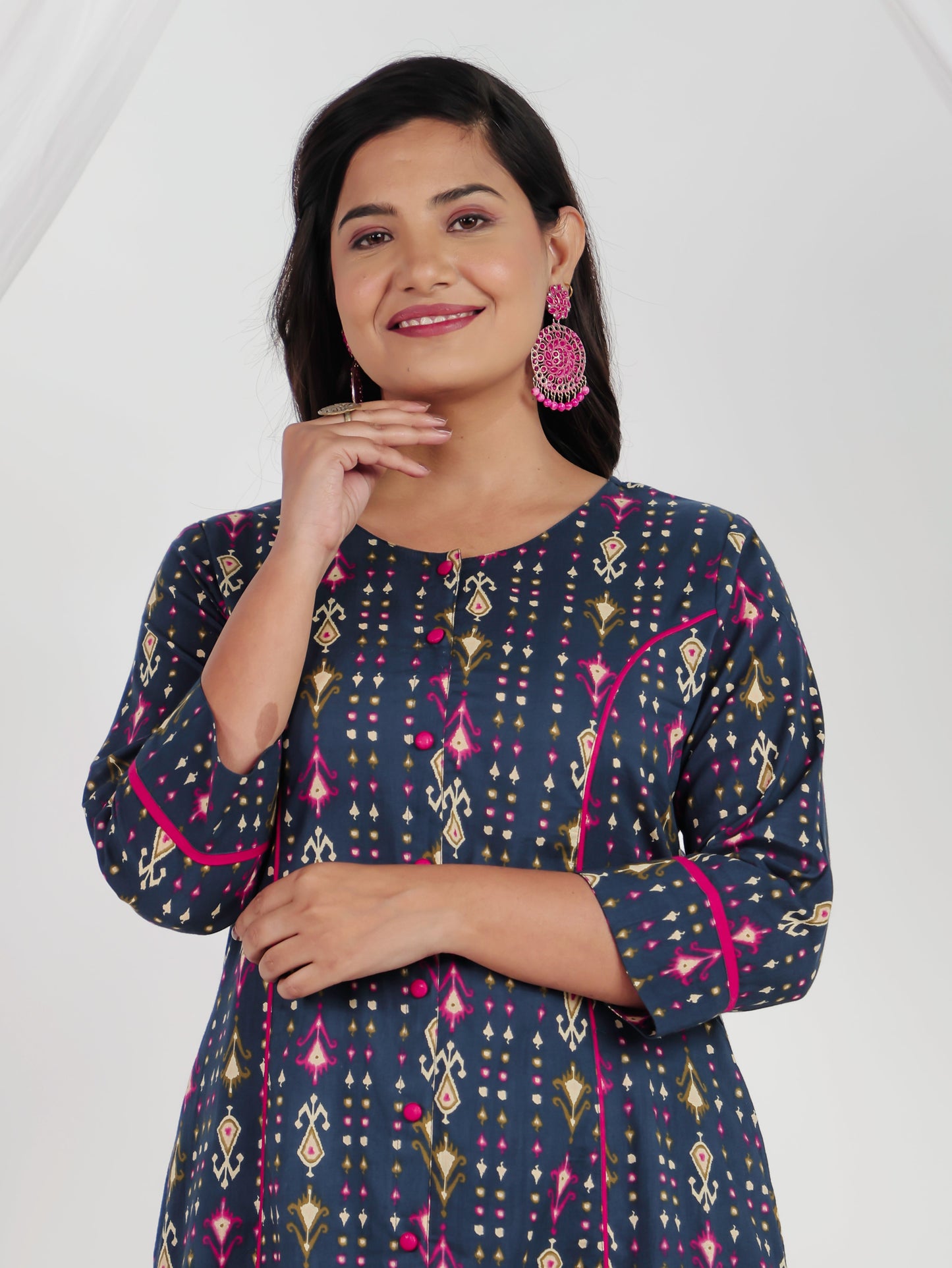 Soft Cotton Ikat A-line Blue Kurta