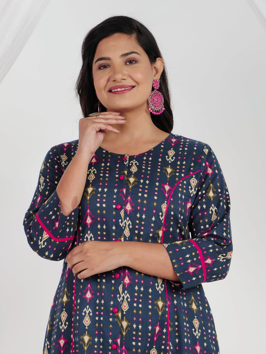 Soft Cotton Ikat A-line Blue Kurta