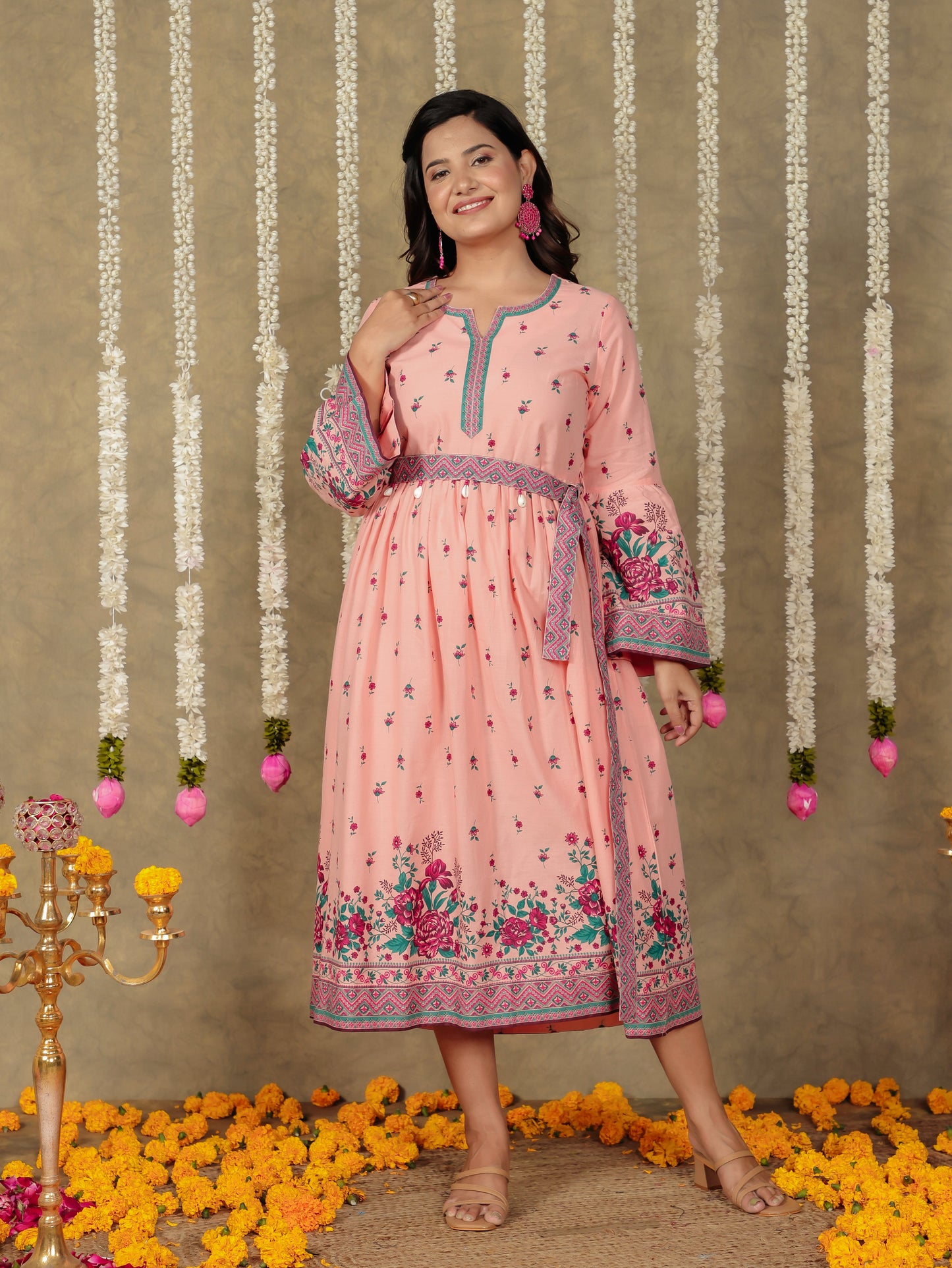 Soft Cotton Floral Gathered Peach Dress