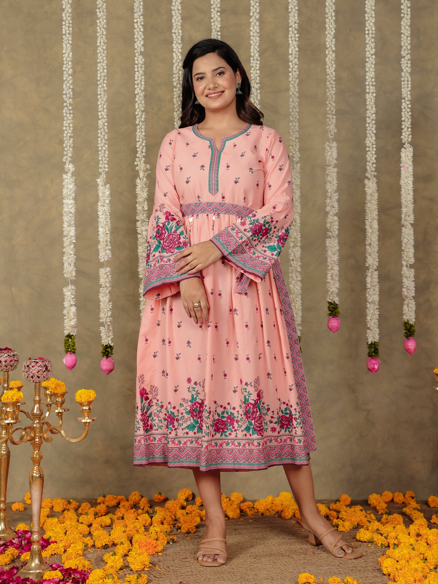 Soft Cotton Floral Gathered Peach Dress