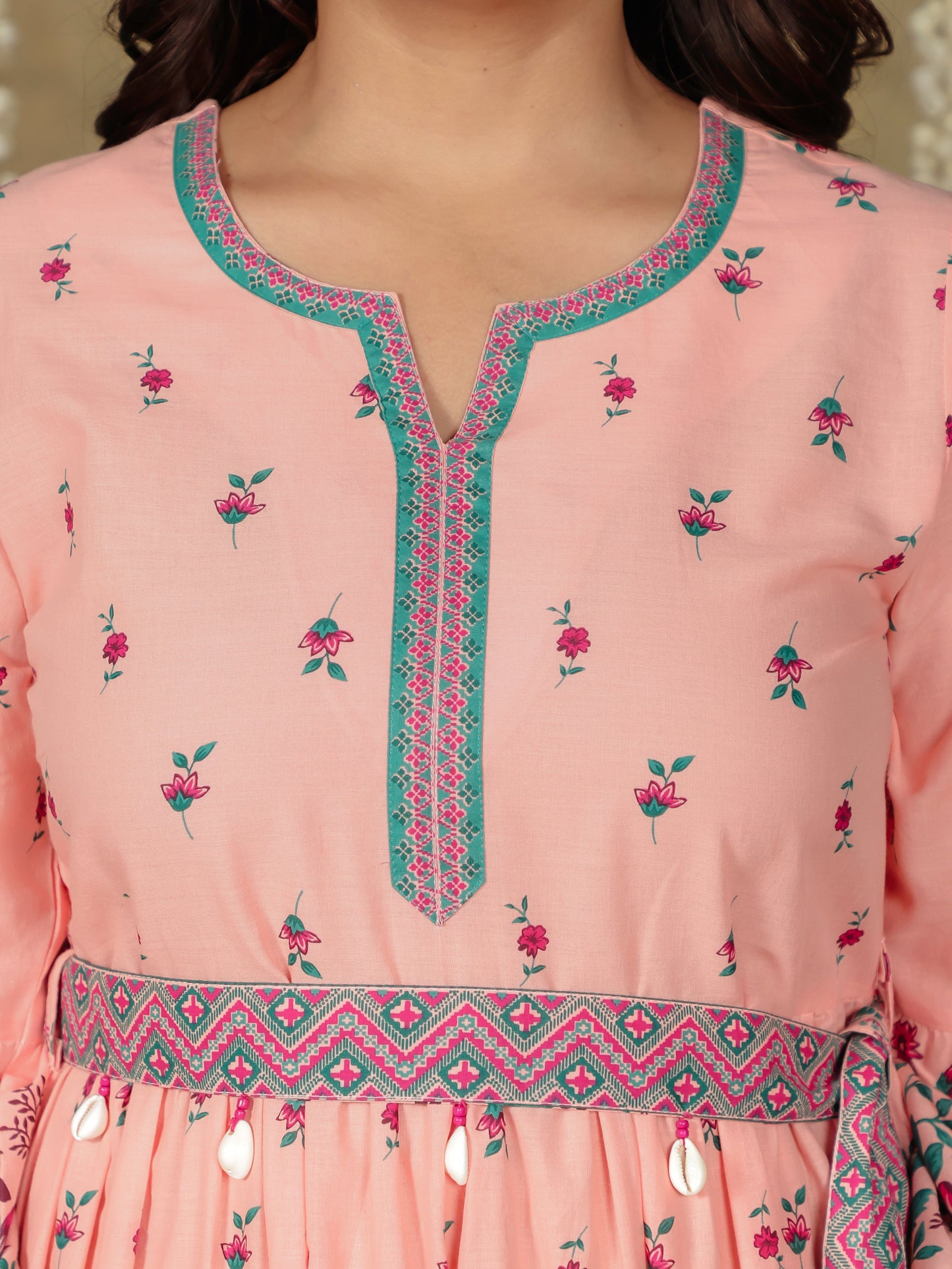 Soft Cotton Floral Gathered Peach Dress