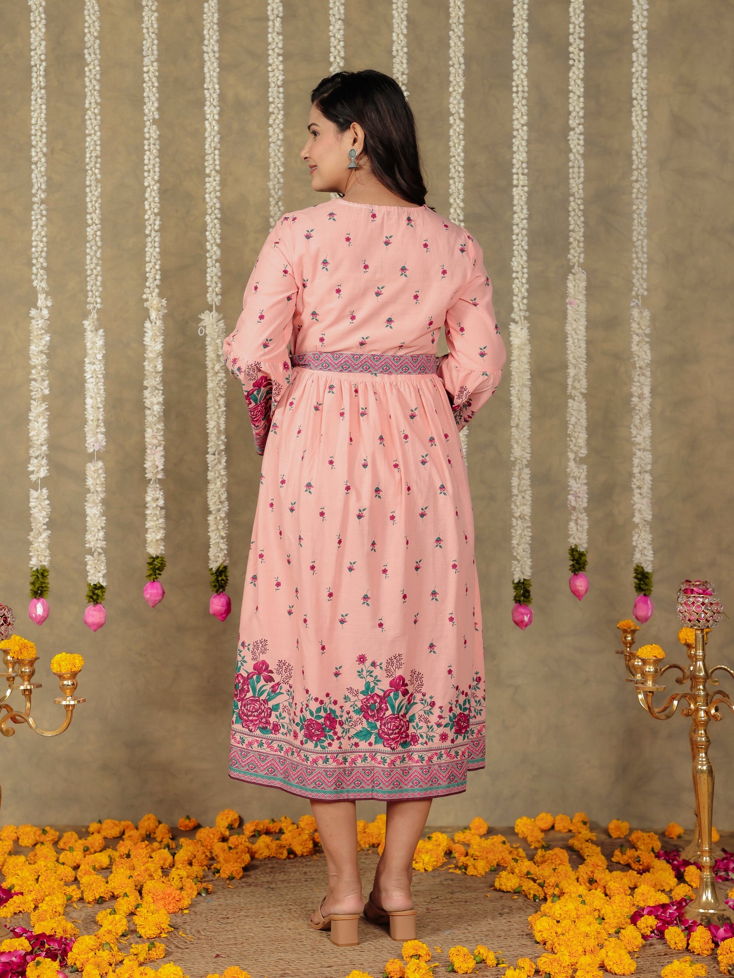 Soft Cotton Floral Gathered Peach Dress