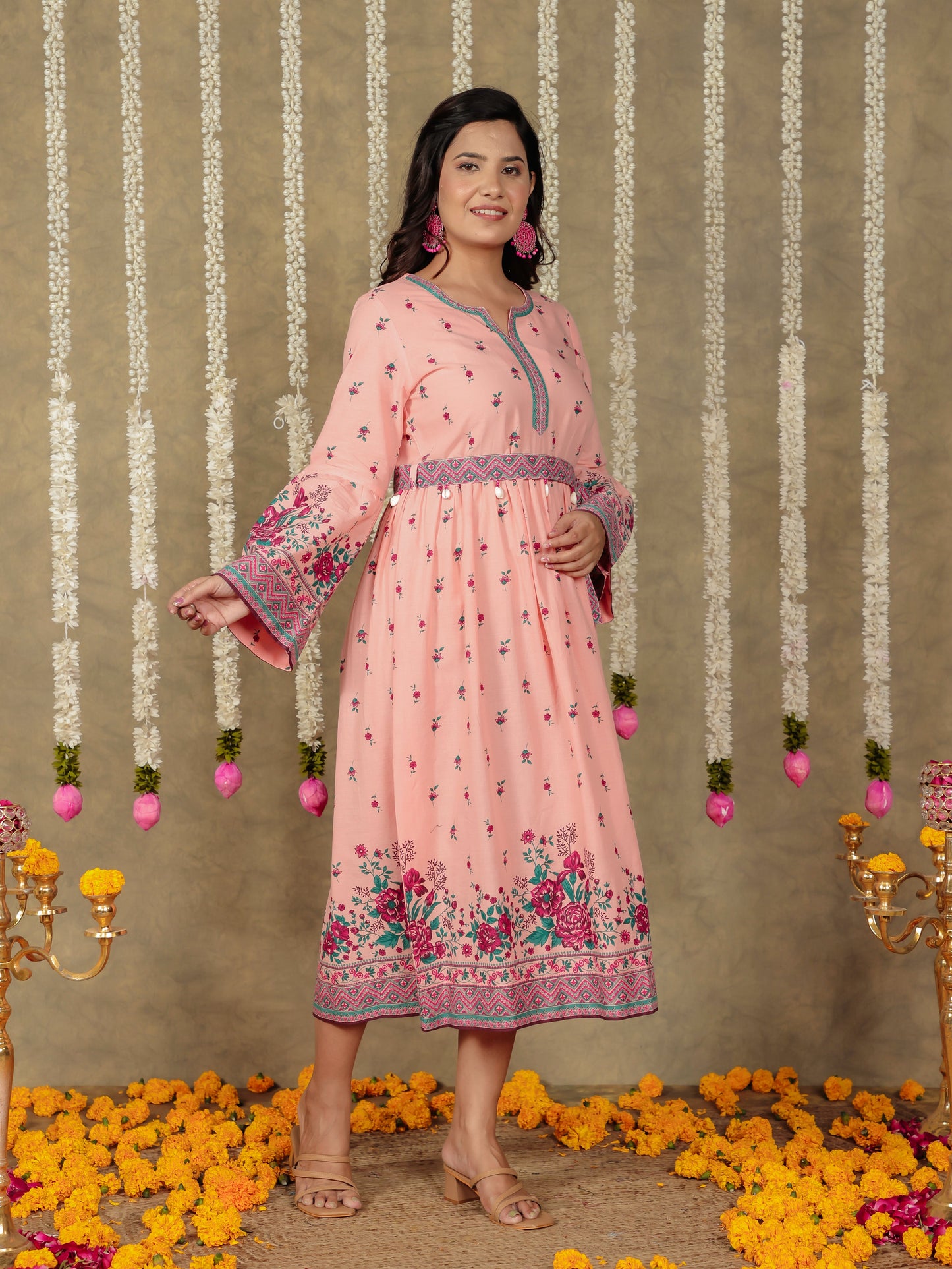 Soft Cotton Floral Gathered Peach Dress